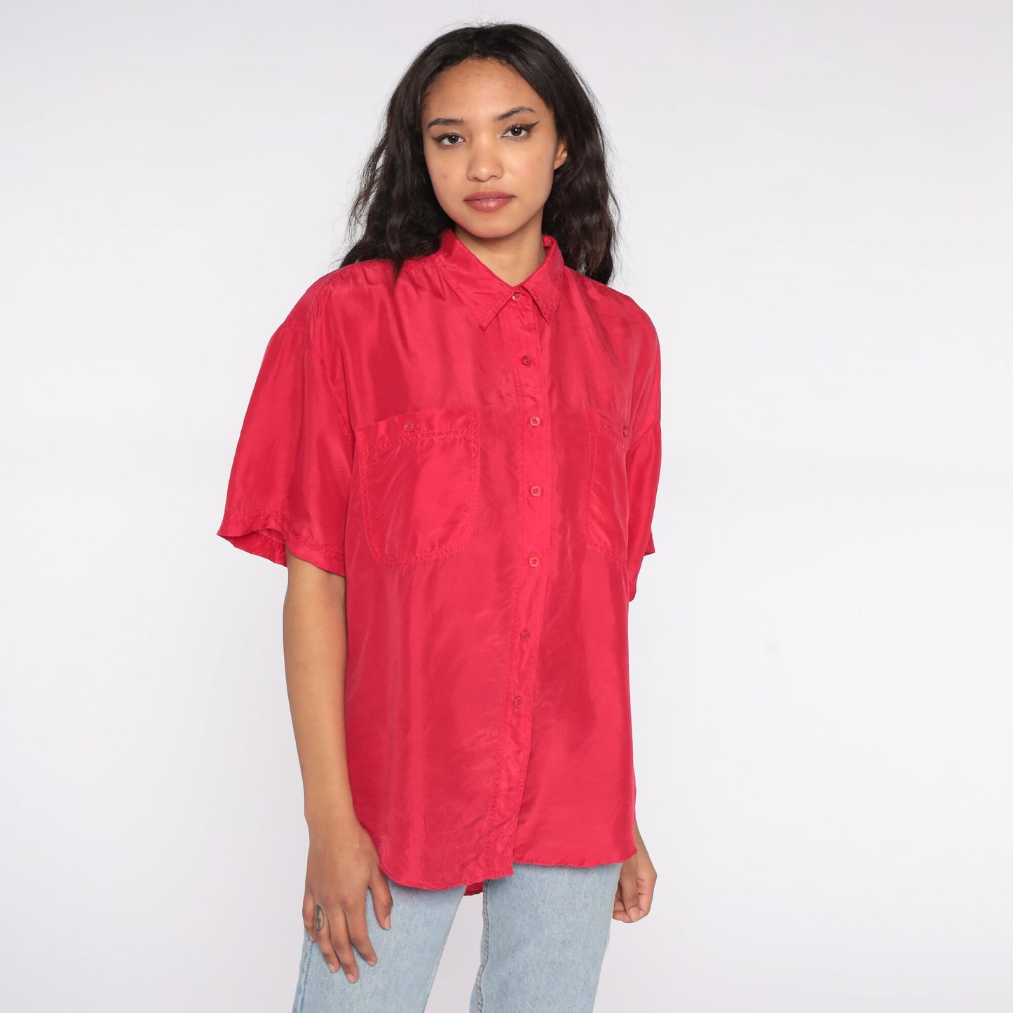 90s Red Silk Button-Up Shirt Short Sleeve Blouse Medium M