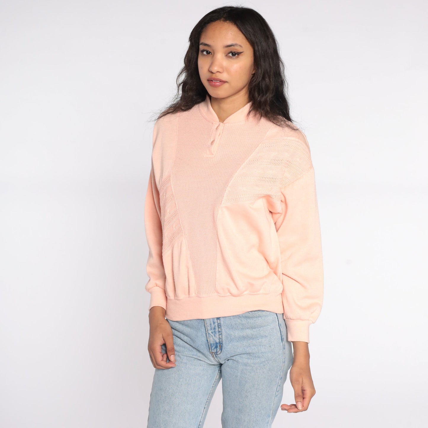 80s Peach Henley Sweatshirt Button Neck Long Sleeve Knit Small S