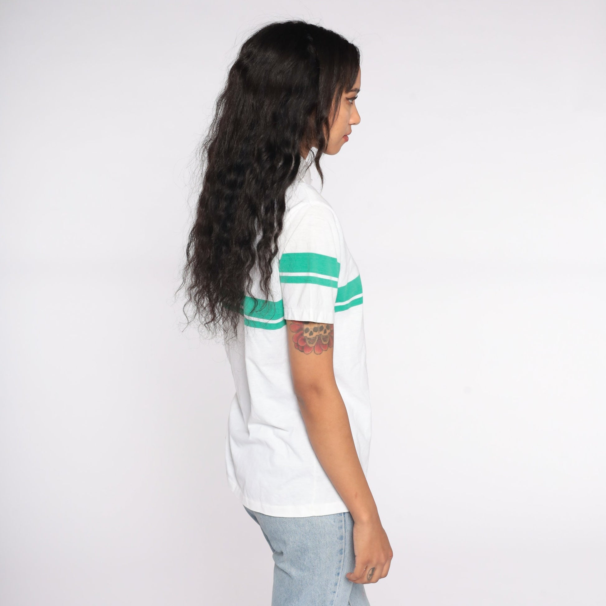80s Utah Jazz NBA Polo Shirt White Green Striped Half Button Medium