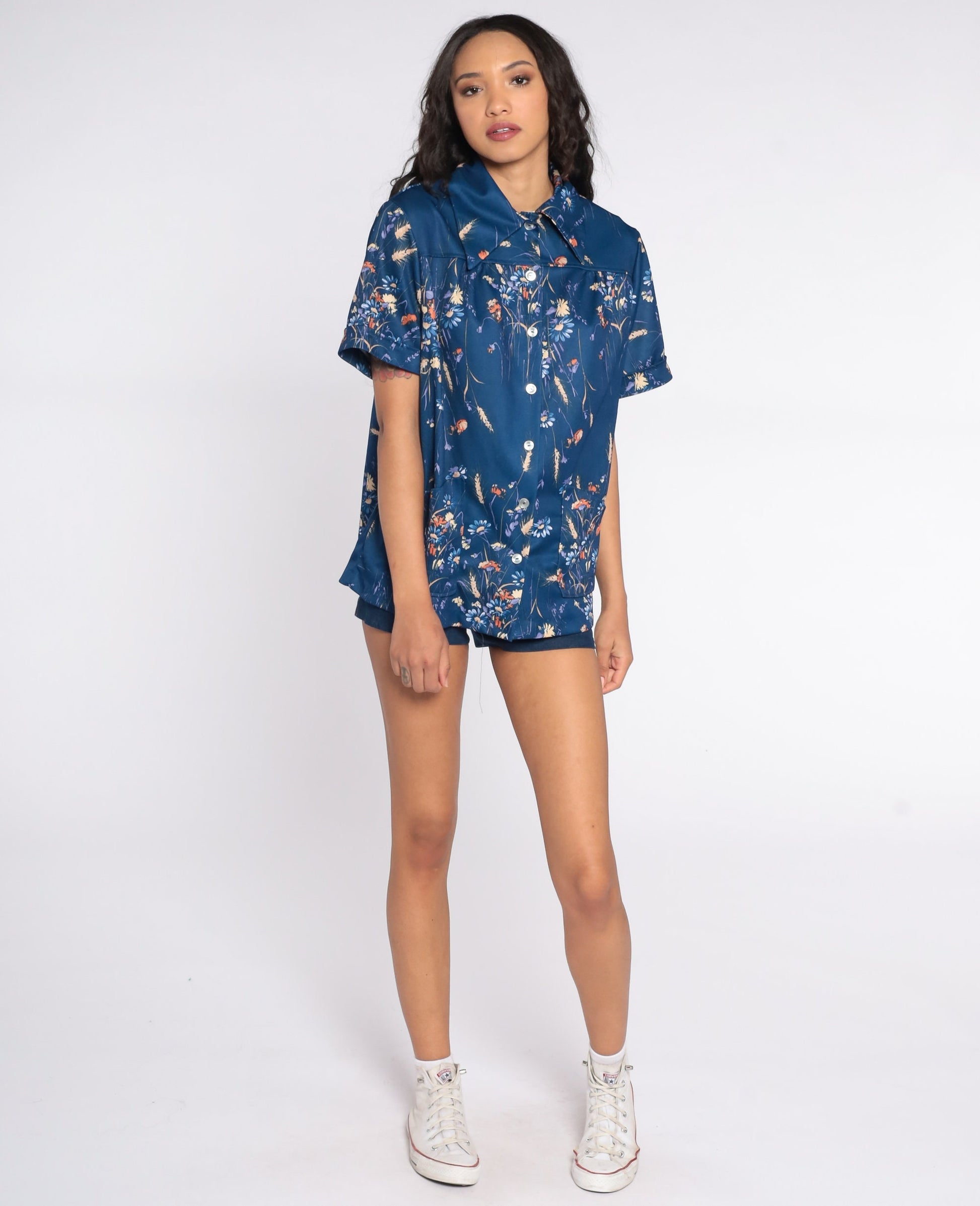 70s Navy Floral Button-Up Blouse Dagger Collar Short Sleeve Large L