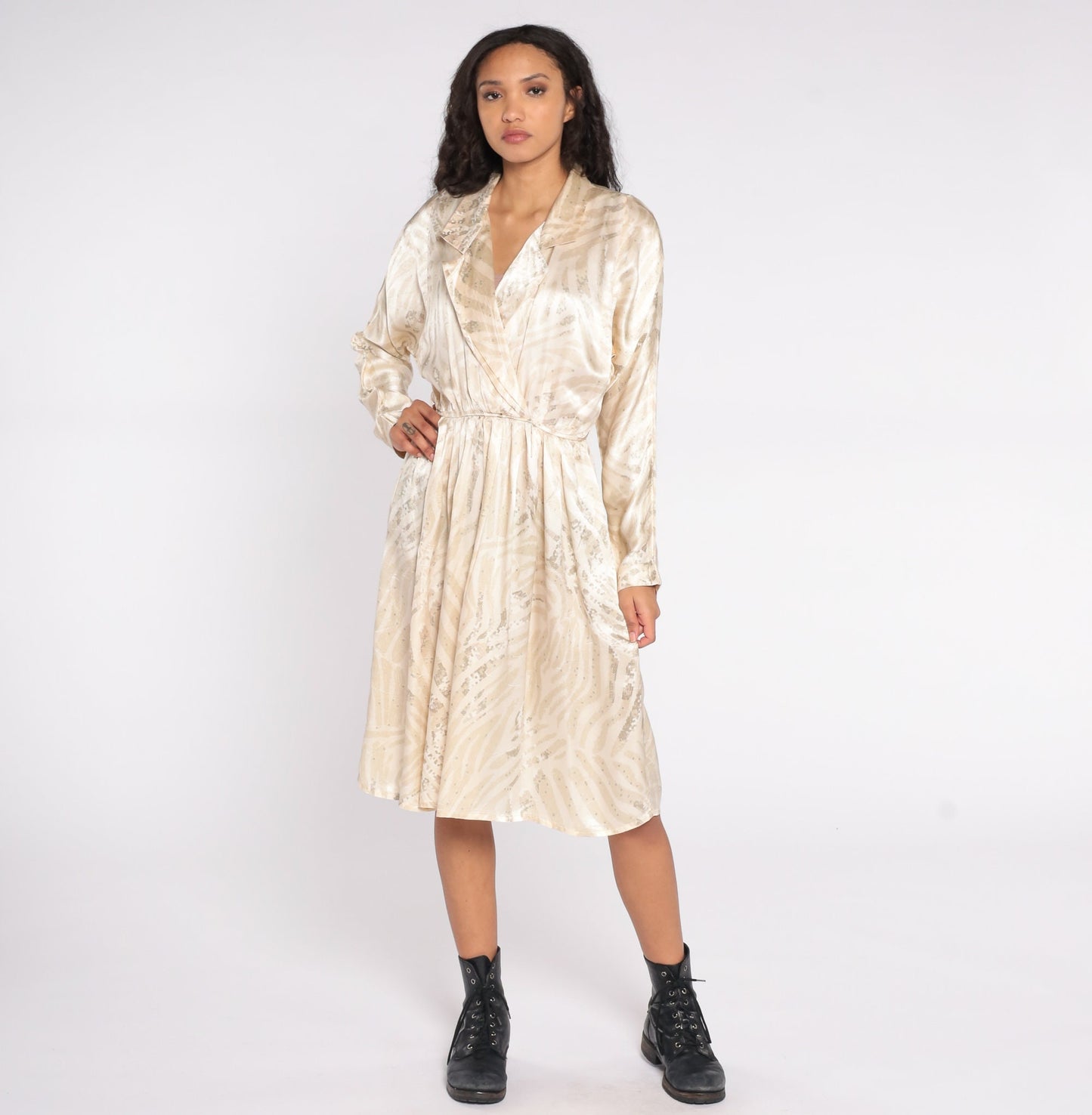 80s Leslie Fay Wrap Dress Geometric Print Midi Dolman Sleeve Deep V Small