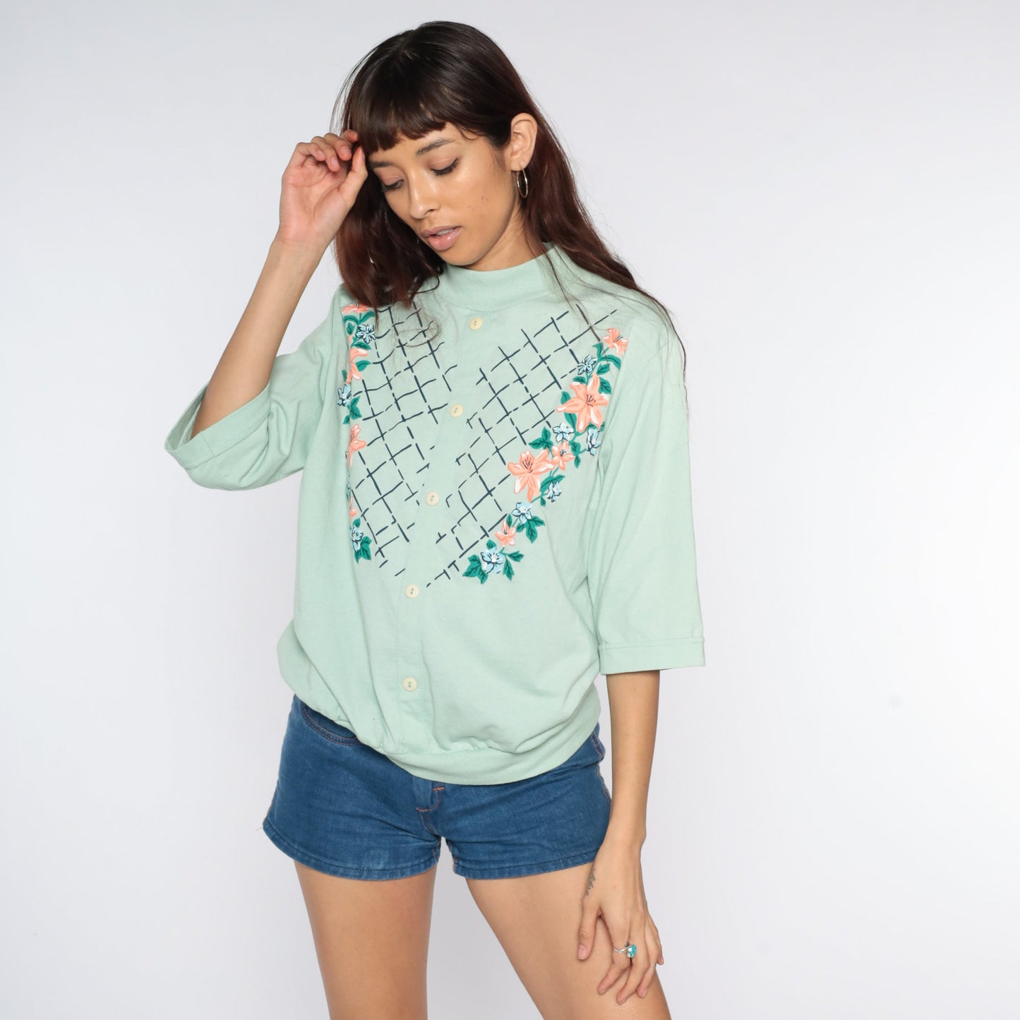 80s Floral Mint Green Shirt 3/4 Sleeve Loose Fit Blouse Large L