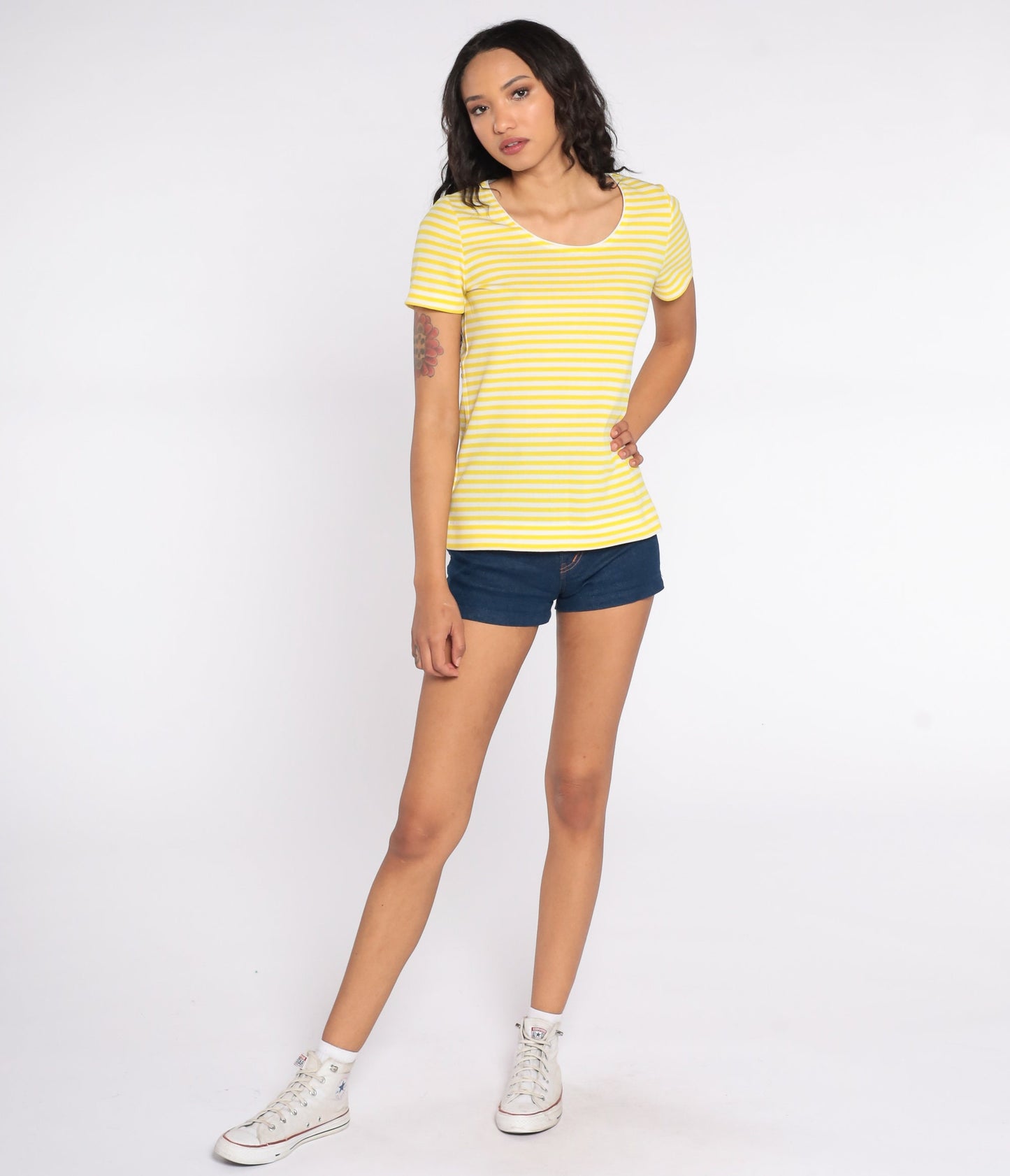 70s Yellow White Striped Scoop Neck T-Shirt Short Sleeve Vintage Tee Small
