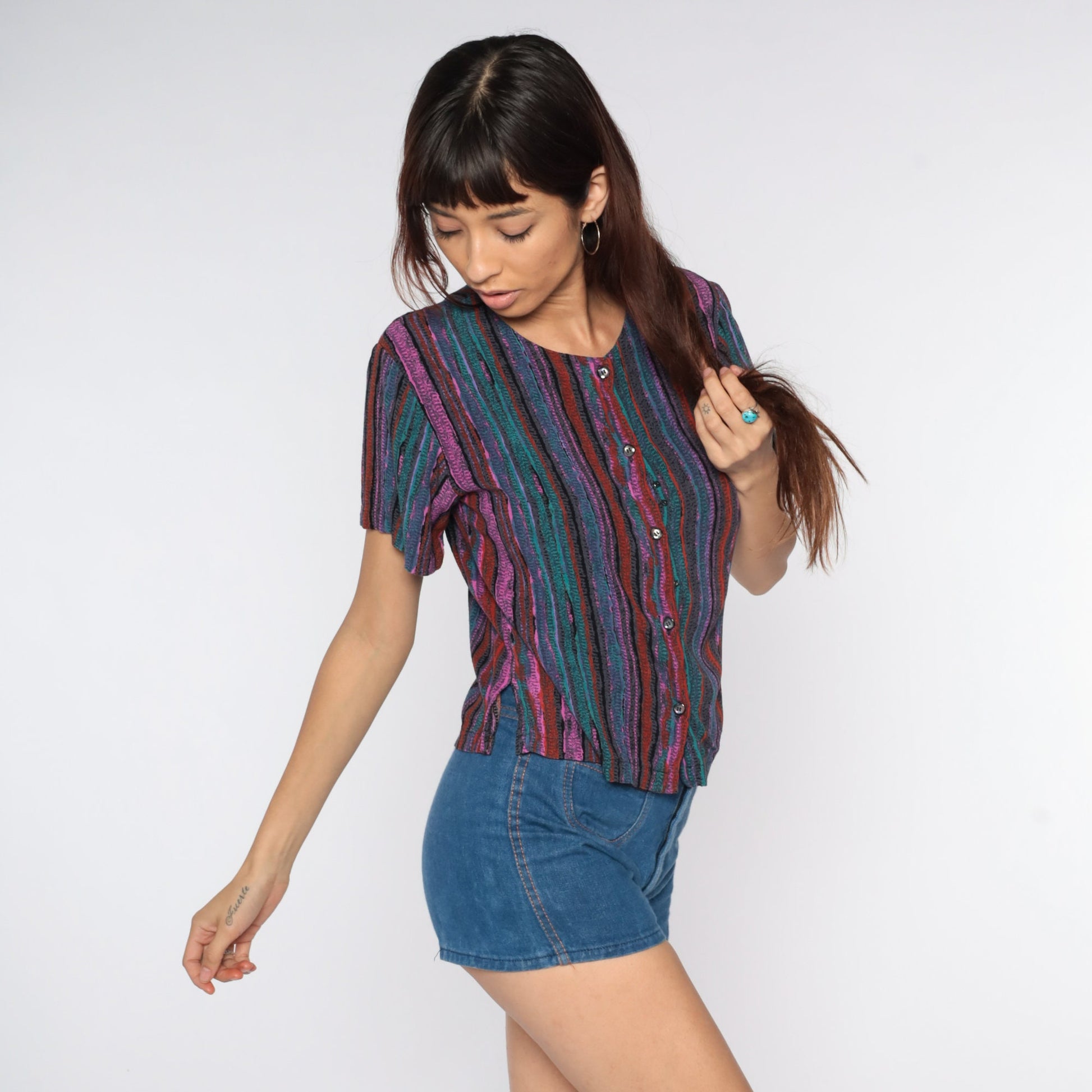 90s Striped Button-Up Shirt Purple Teal Green Pink Short Sleeve Small