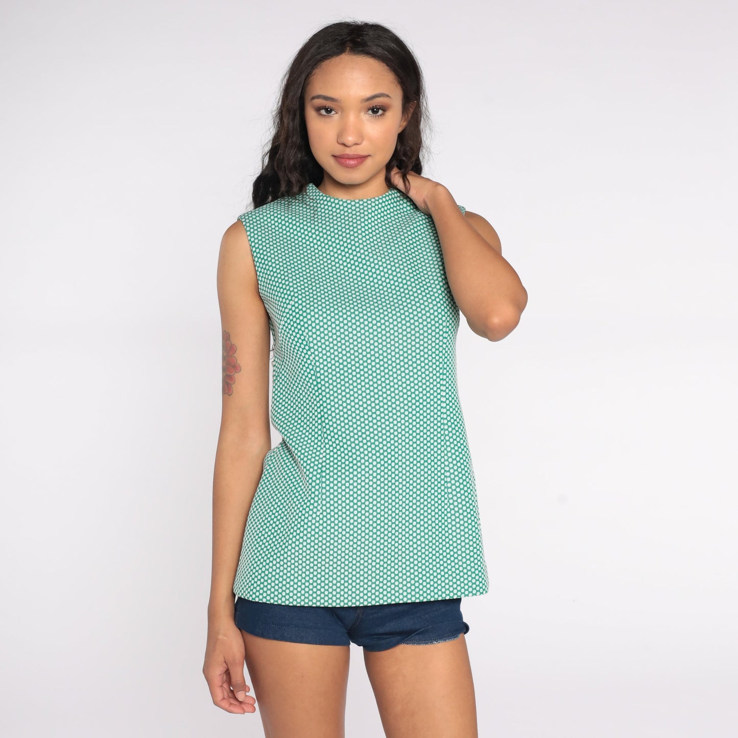 70s Green Polka Dot Sleeveless Blouse Tank Top Small