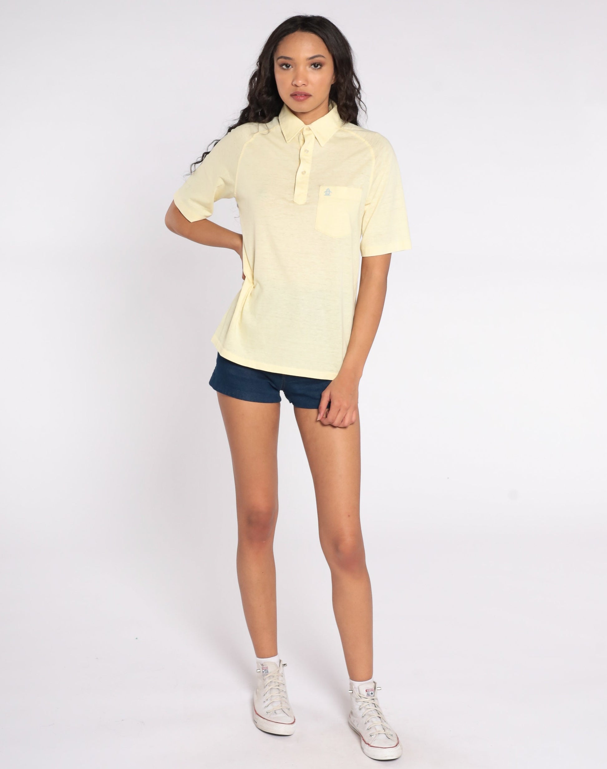 70s Munsingwear Penguin Polo Shirt Yellow Half-Button Short Sleeve Small