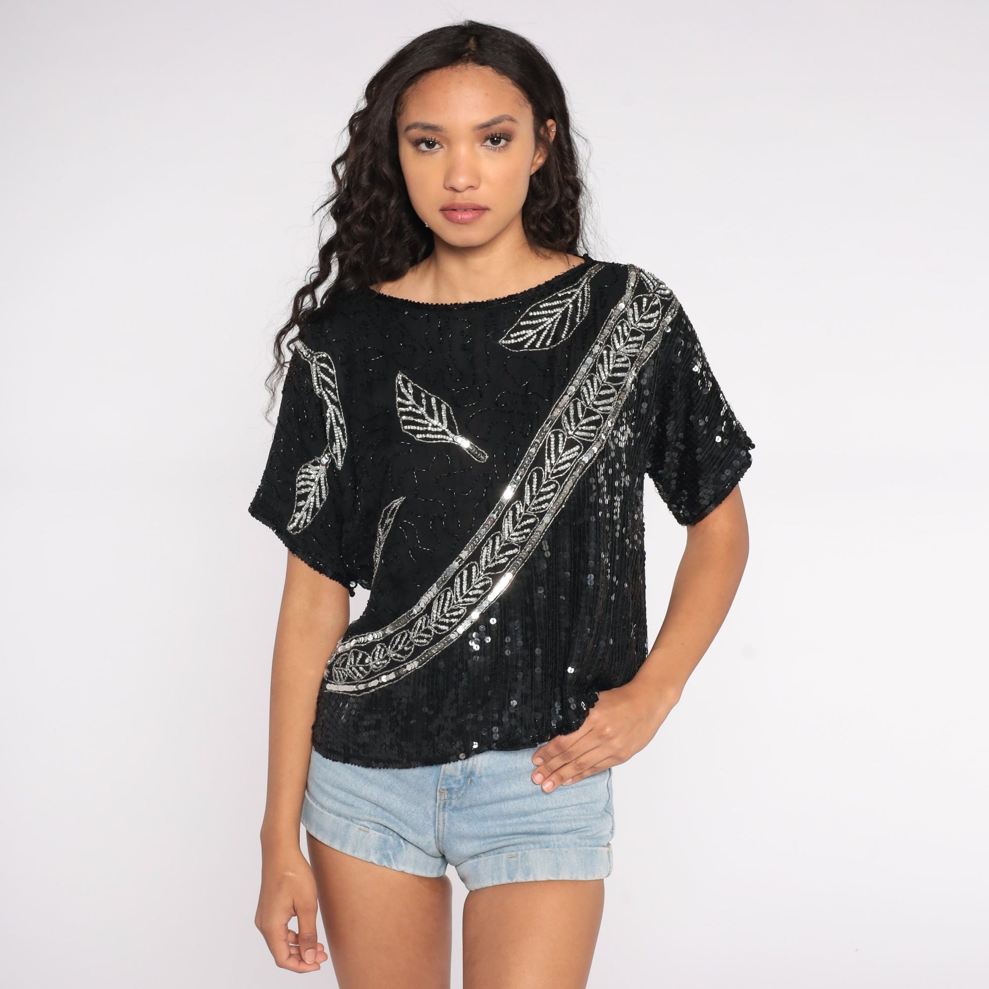 80s Black Silk Sequin Beaded Blouse Silver Leaf Print Disco Top Medium