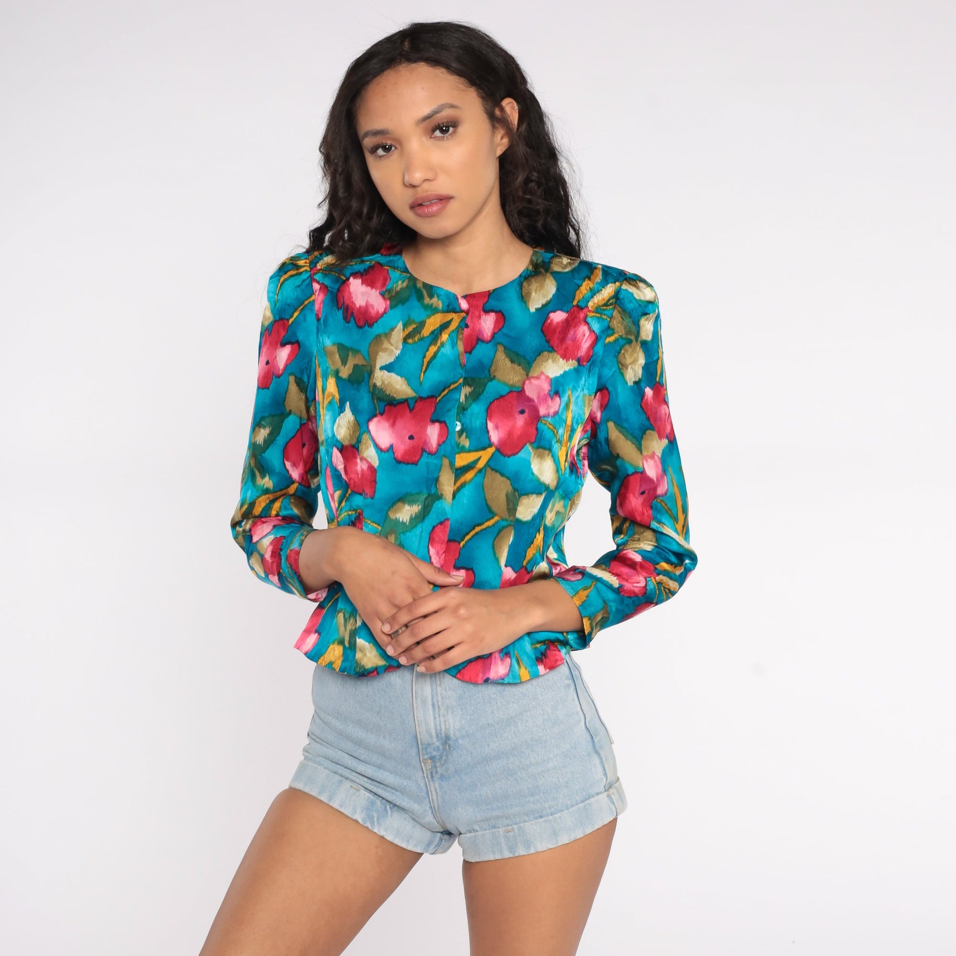 80s Blue Floral Silk Button-Up Blouse Puff Sleeve Medium