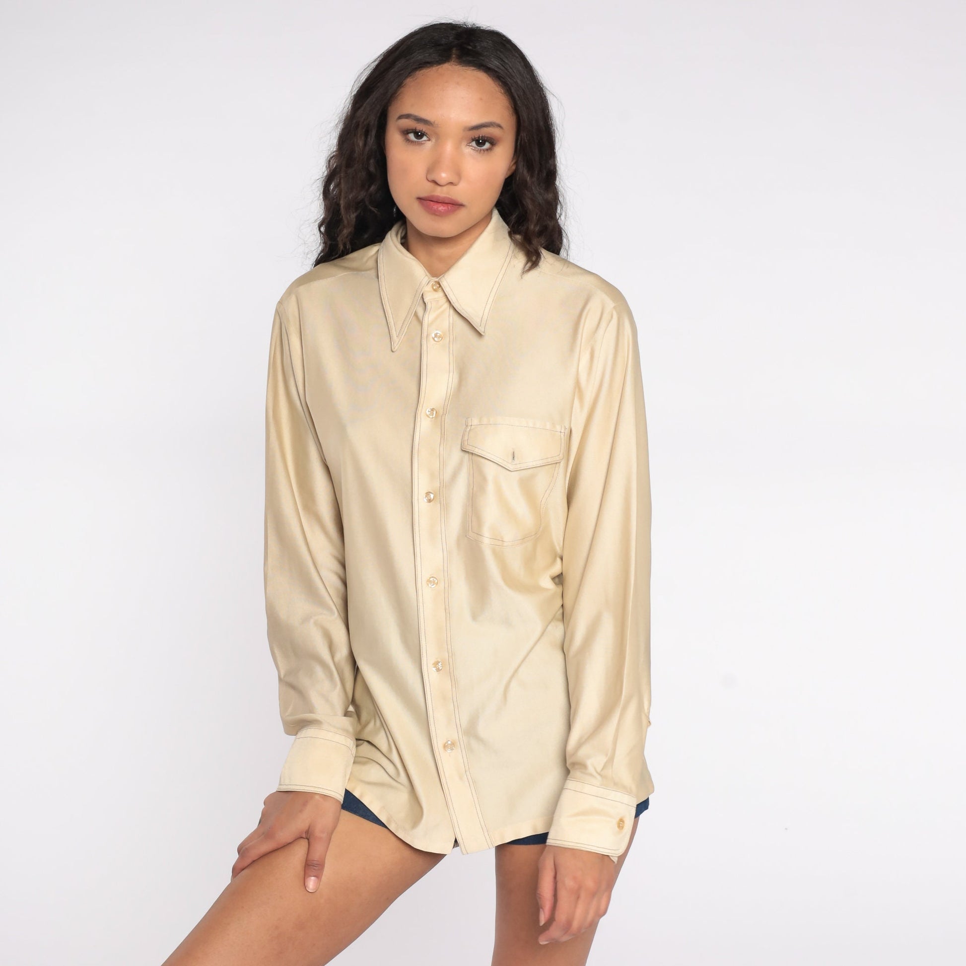 70s JC Penney Champagne Dagger Collar Button-Up Shirt Long Sleeve Medium