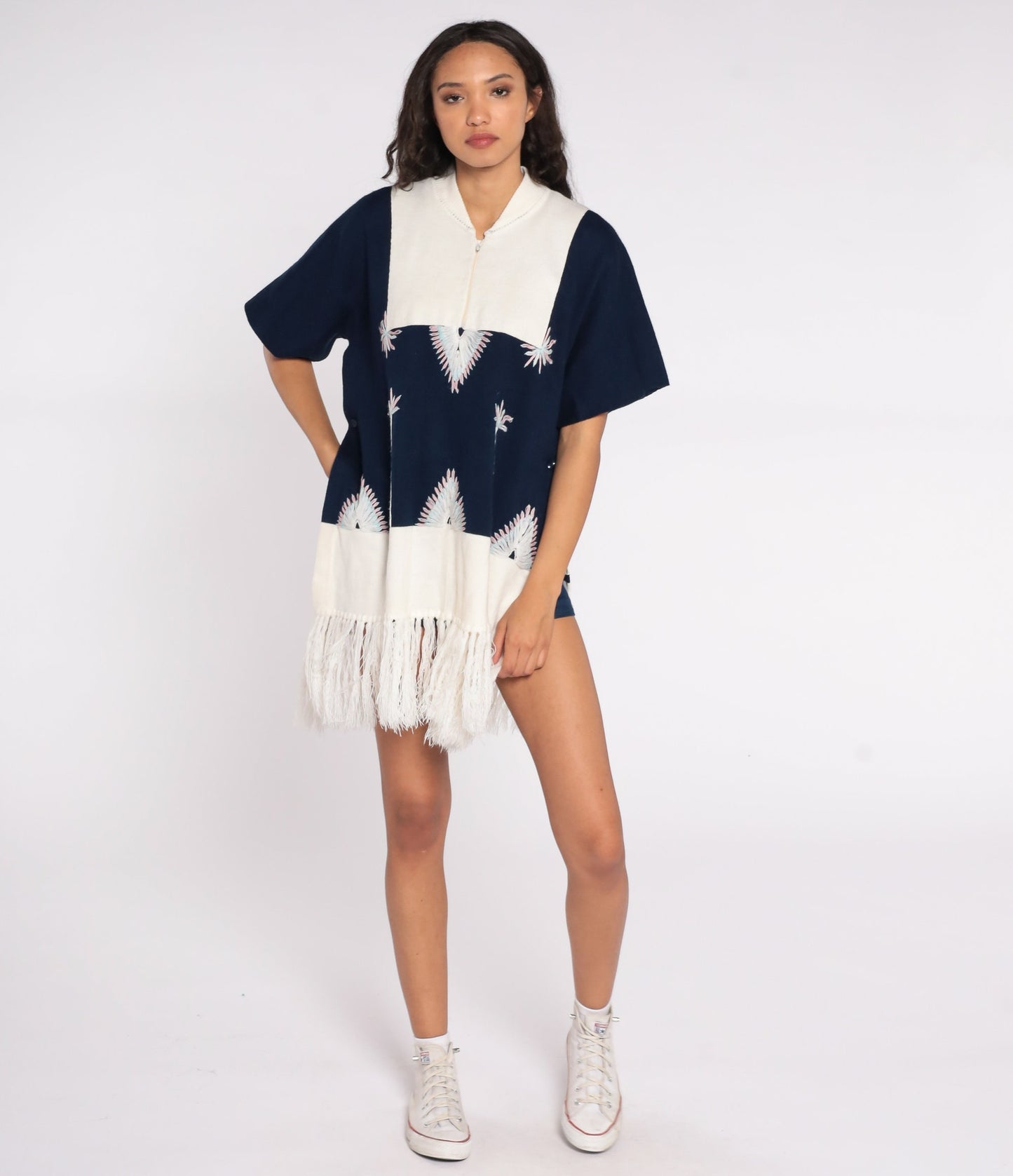 70s Navy Knit Poncho Sweater Floral Embroidery Fringe Shawl Medium Large
