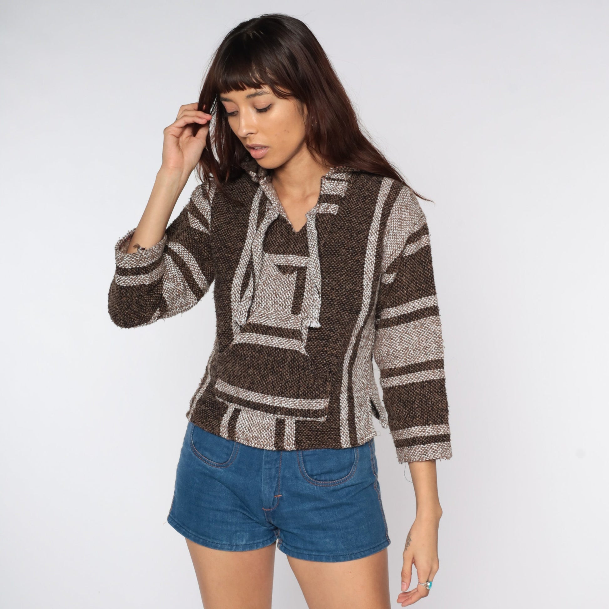 90s Mexican Drug Rug Hoodie Brown Stripe Kangaroo Pocket XXS