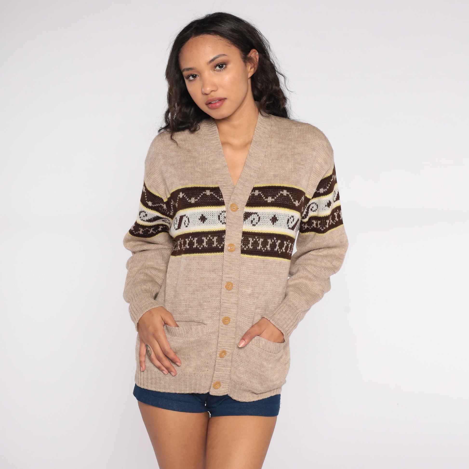 70s Brown Wool Cardigan Virgin Wool Button-Up Knit Sweater Large L