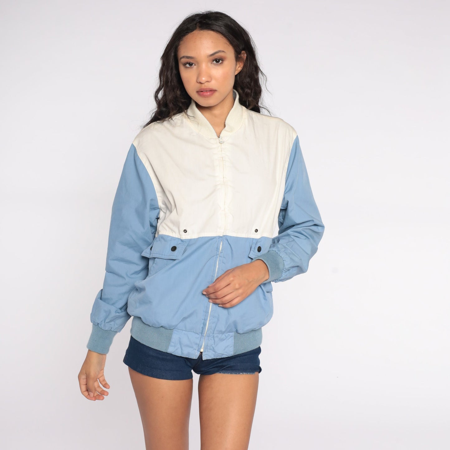 80s Baby Blue Reversible Windbreaker Jacket Color Block Grey White Small Medium