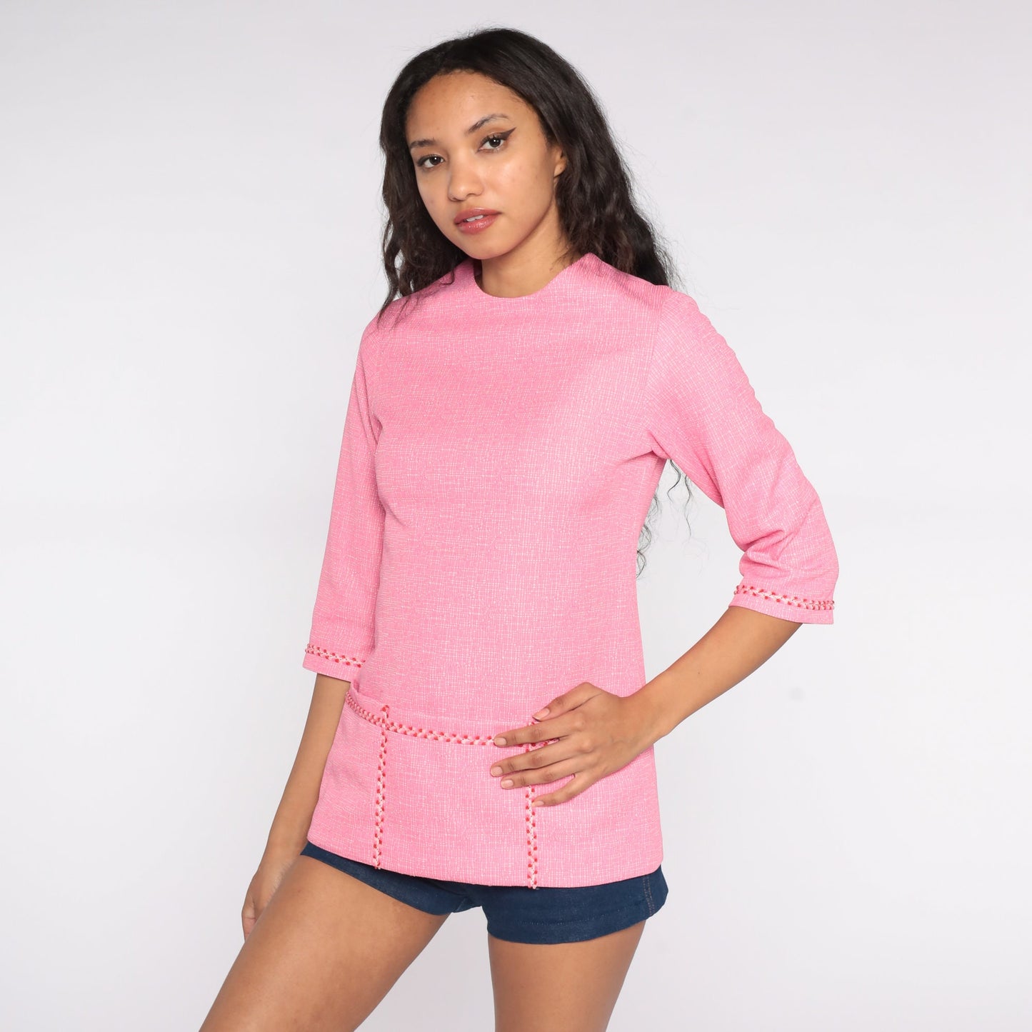 70s Pink Mod Blouse Pocket Shirt 3/4 Sleeve Polyester Knit Small S