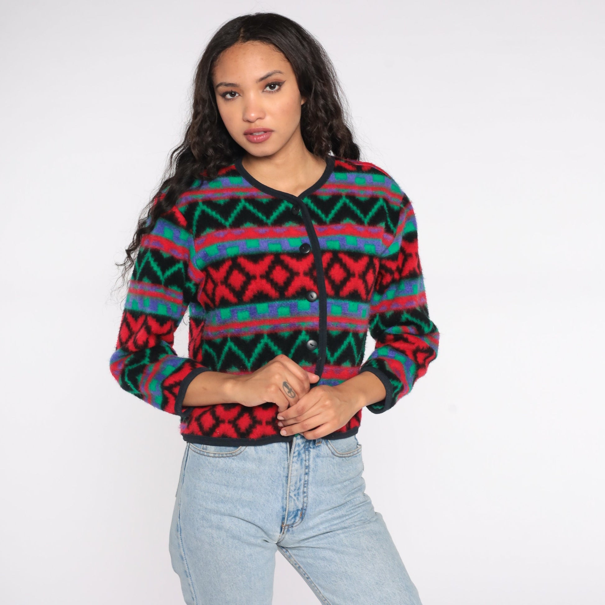 90s Southwestern Fleece Jacket Geometric Button Up Red Blue Green Small
