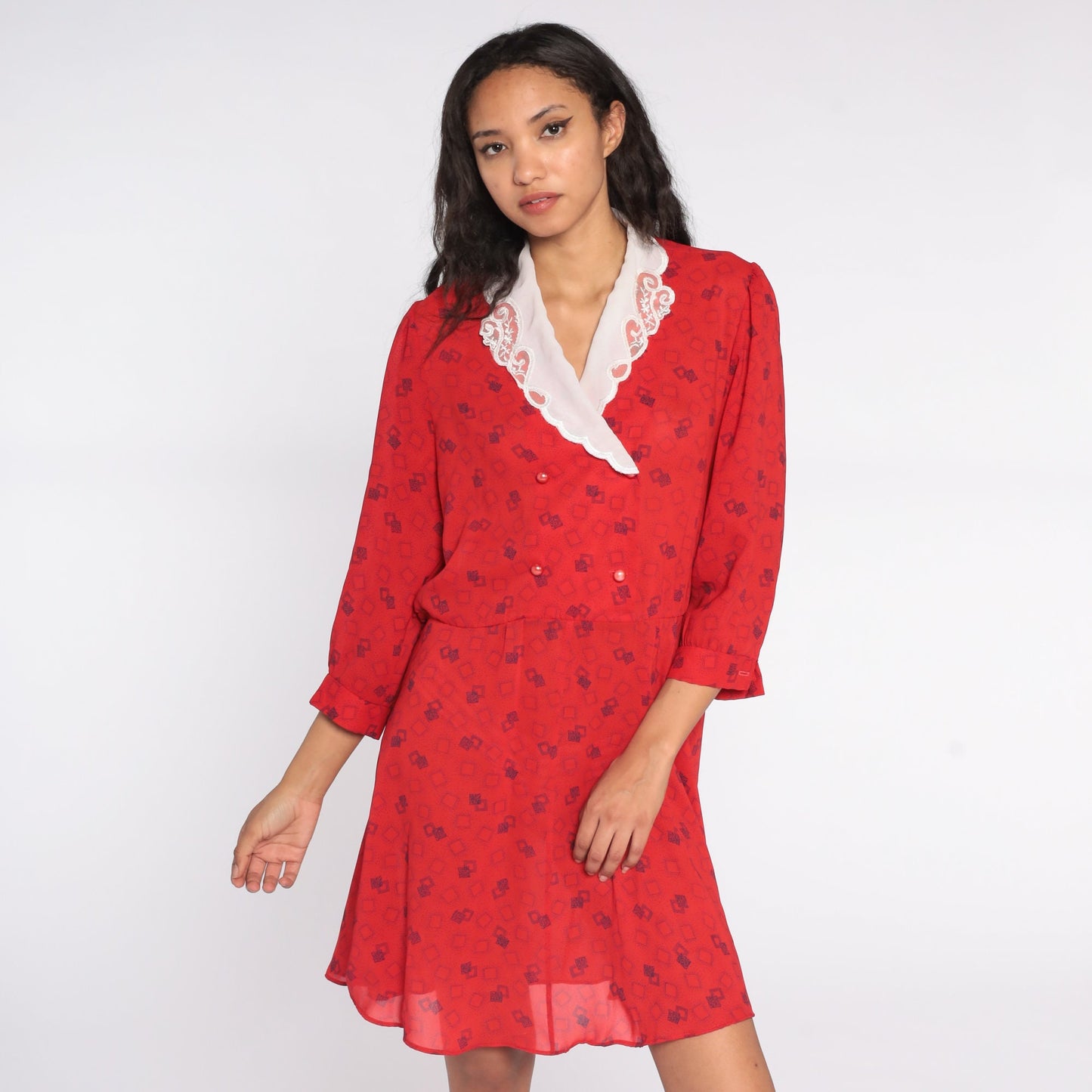 80s Geometric Print Wrap Dress Red Mini V-Neck High Waist Medium Large