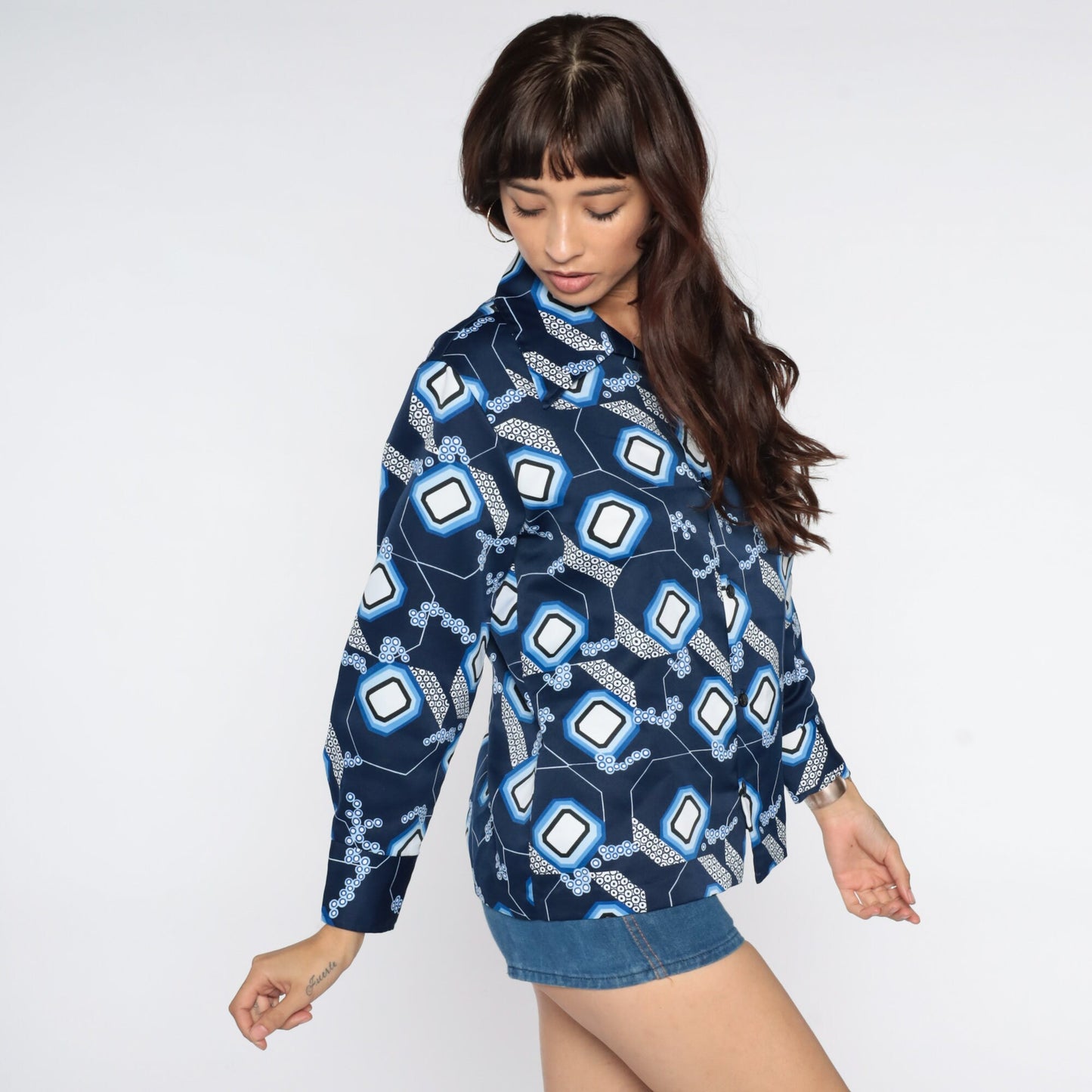 70s Geometric Blue Dagger Collar Button-Up Shirt Long Sleeve Large L