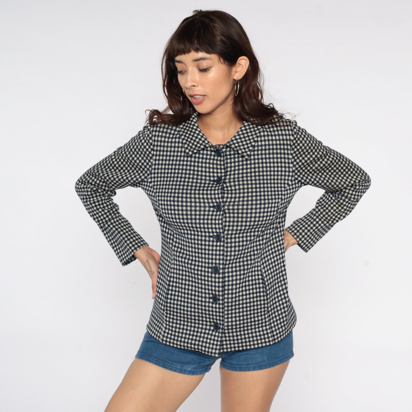 60s Navy Plaid Wool Blazer Jacket Mod Checkered Small