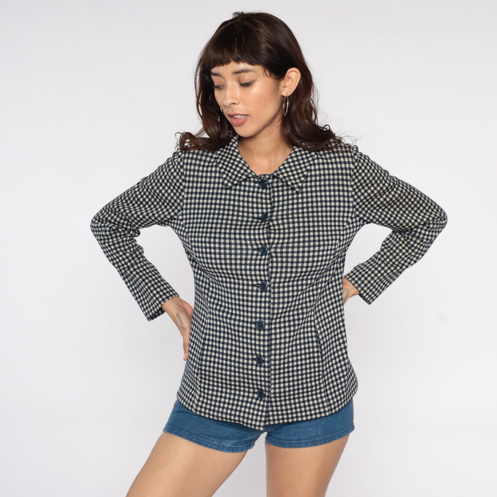 60s Navy Plaid Wool Blazer Jacket Mod Checkered Small