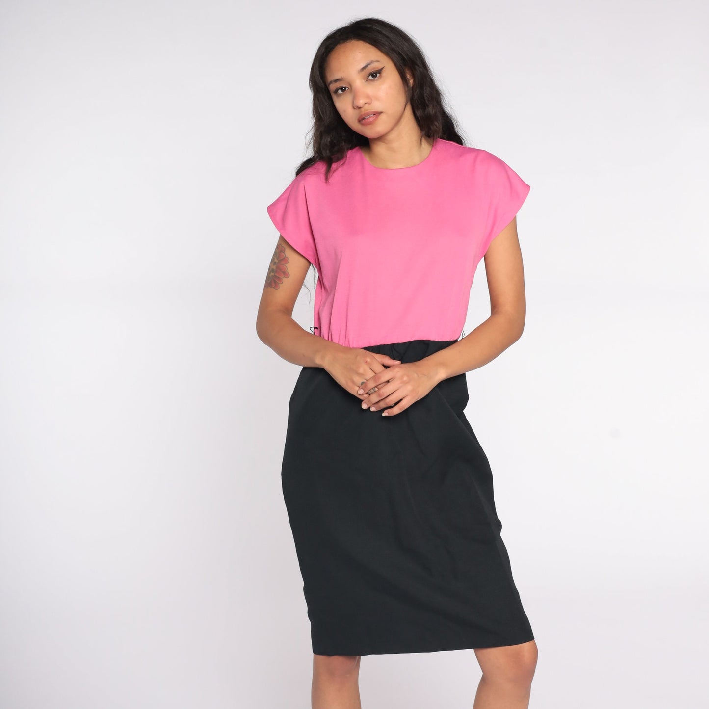 80s Black Pink Color Block Midi Sheath Dress Cap Sleeve Medium