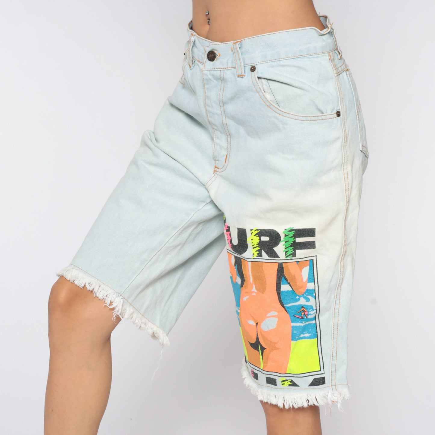 90s Neon Surfer Denim Shorts High Waisted Blue Jean Bermuda Medium