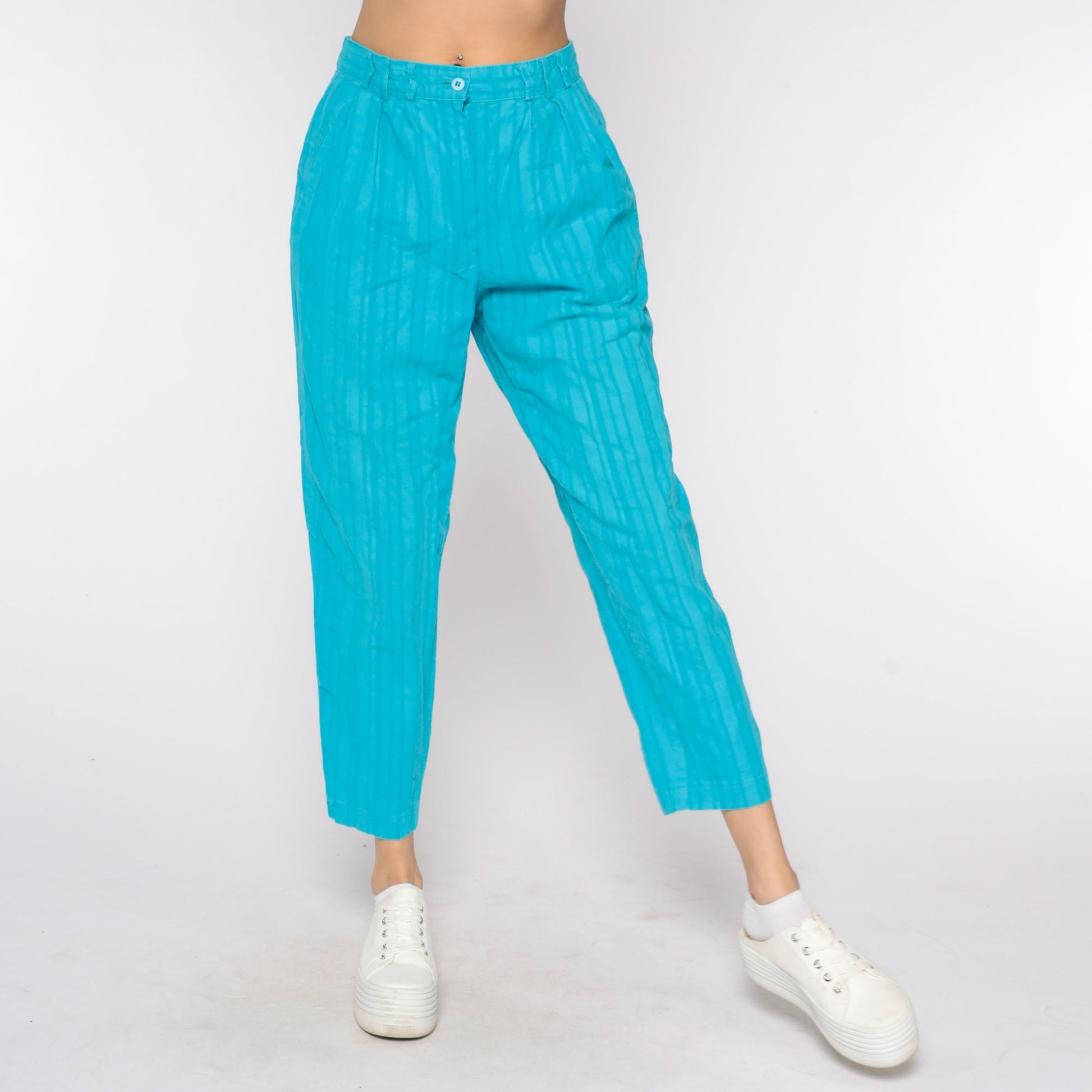 90s Turquoise High-Waisted Pleated Tapered Trousers Medium 29