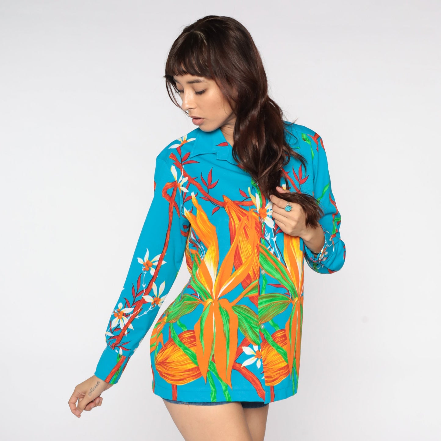 70s Blue Floral Button-Up Shirt Pointed Collar Long Sleeve Unisex Medium Large
