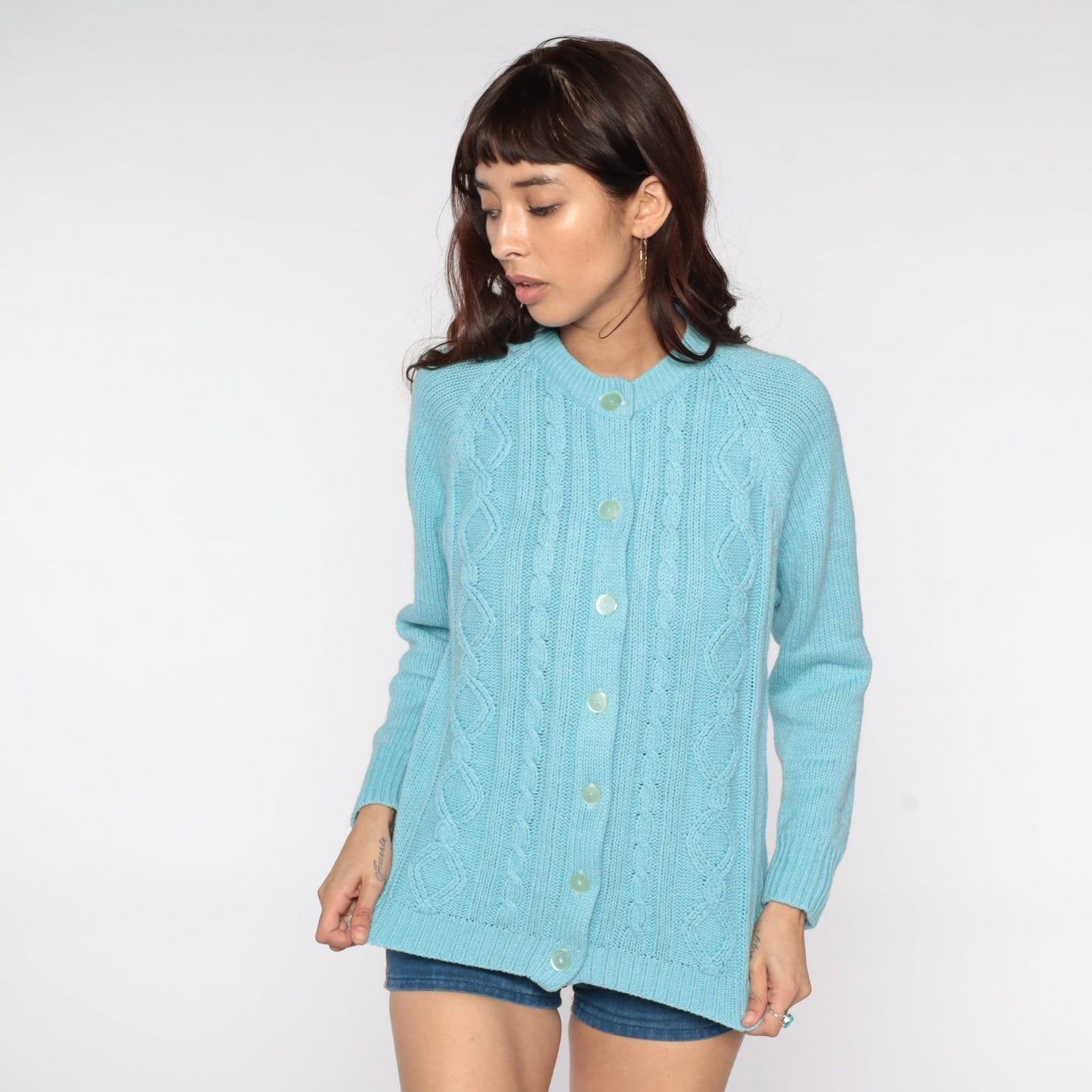 70s Cable Knit Cardigan Baby Blue Button-Up Raglan Sweater Large