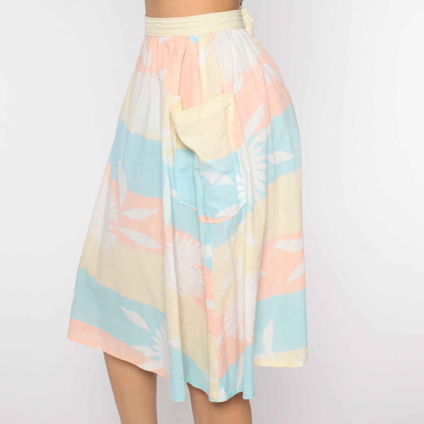 80s Striped Floral Midi Skirt High Waist Yellow Pastel Small