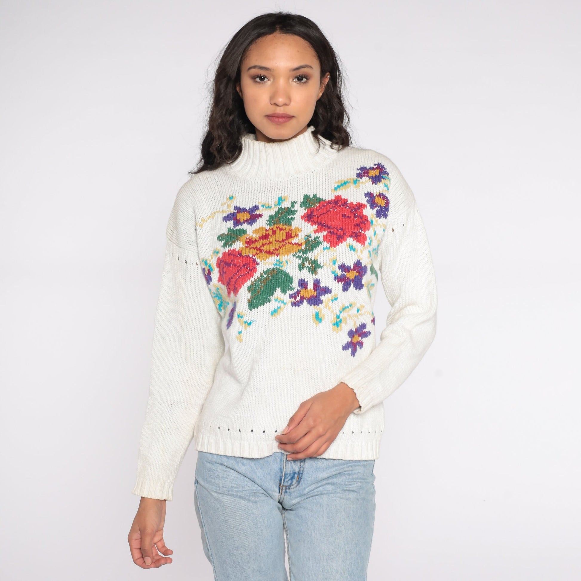 90s White Floral Mock Neck Sweater Cotton Ramie Knit Pullover Medium