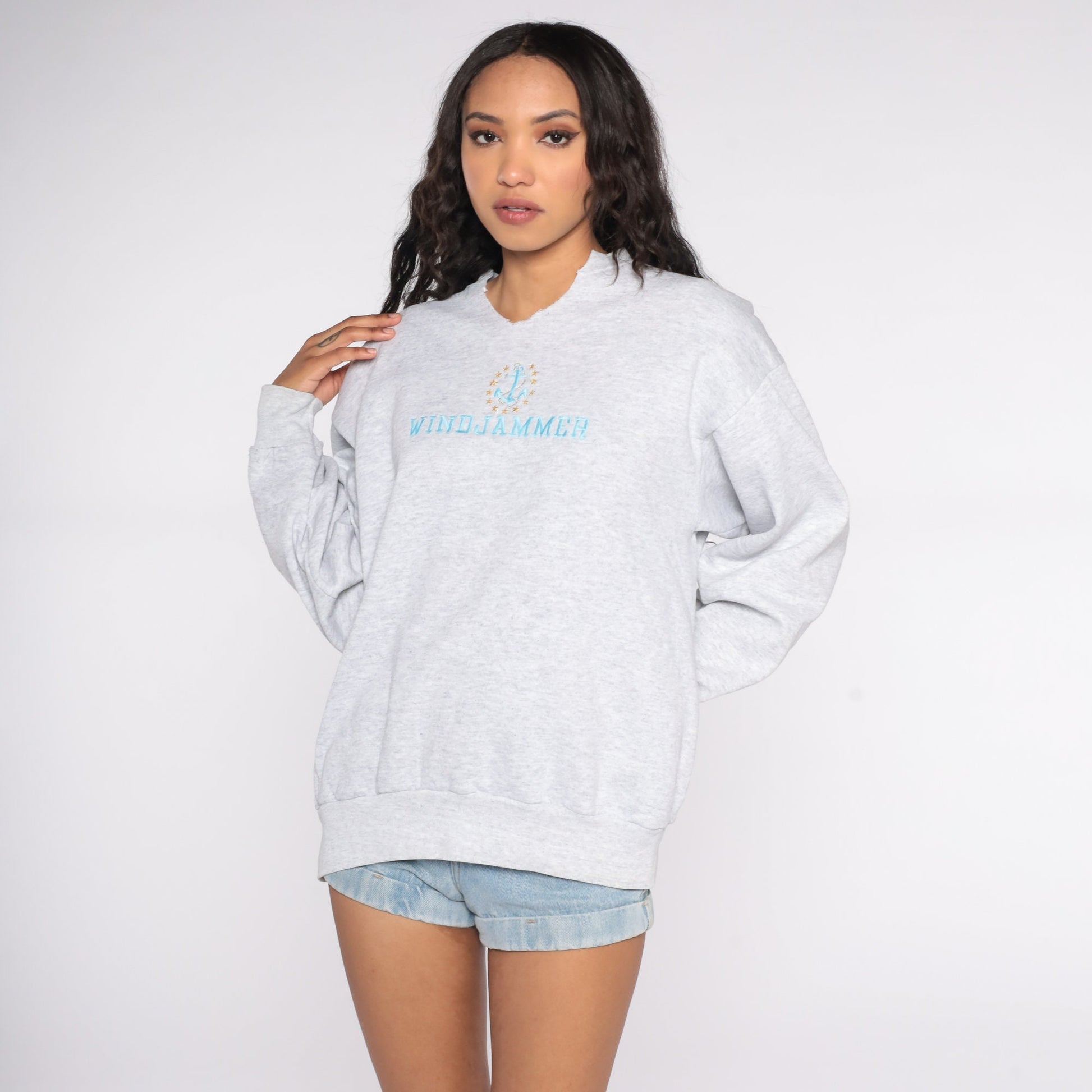 90s Windjammer Nautical Sweatshirt Grey Anchor Sailing Boat Crewneck Large L