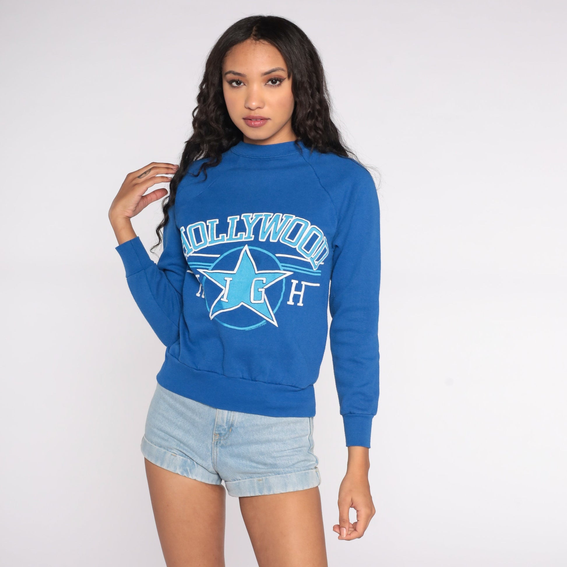 80s Hollywood High Sweatshirt Royal Blue Graphic Raglan Pullover Small