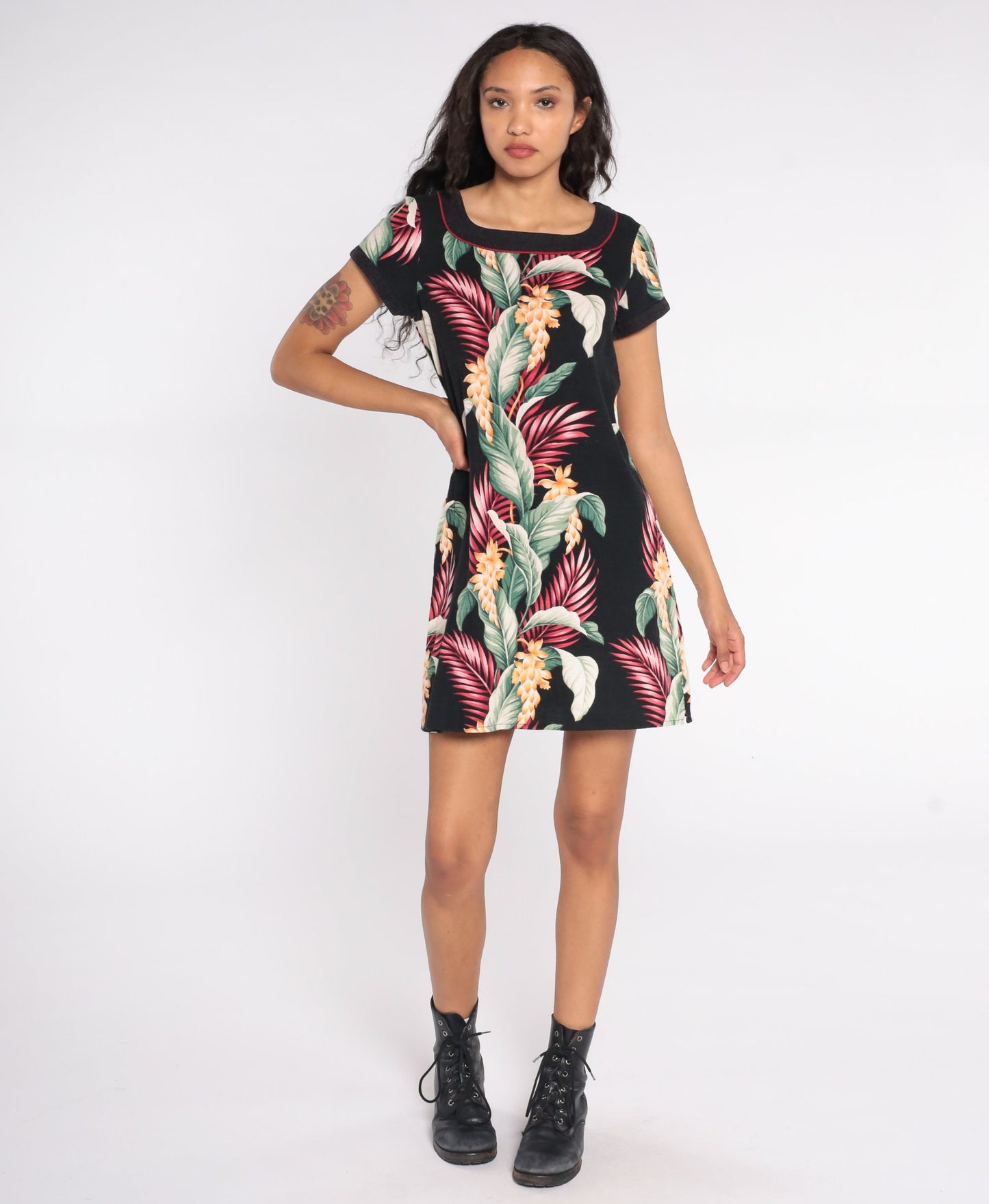 80s Hawaiian Floral Mini Dress Black Shift Button-Up Short Sleeve Small