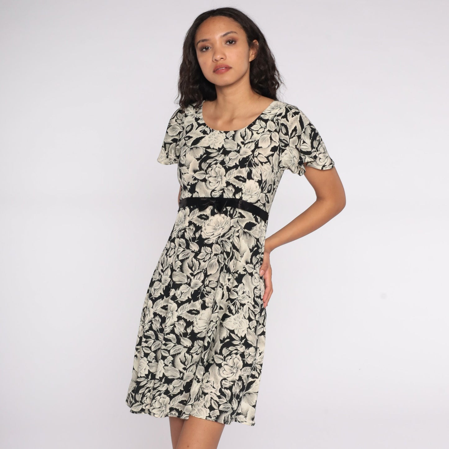 90s Floral Mini Dress Flutter Sleeve Black Off-White Empire Waist Small