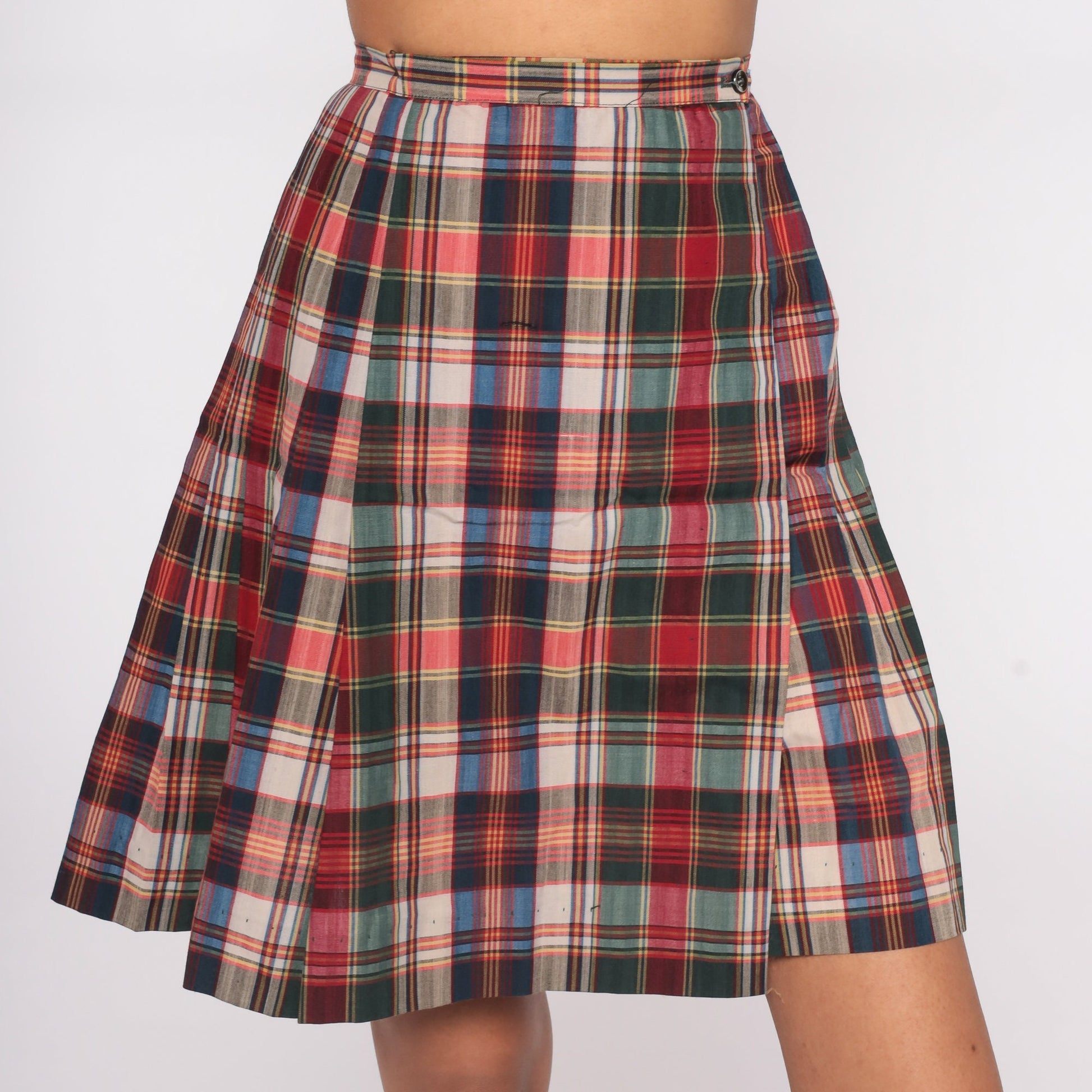 70s Plaid Pleated Mini Skirt High Waist Multicolor Tartan Extra Small