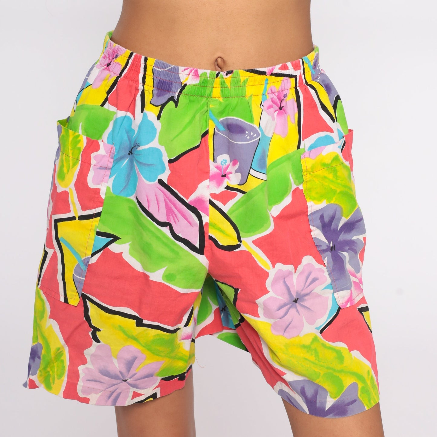 80s Hilo Hattie Tropical Floral Shorts High Waist Elastic Waist Medium