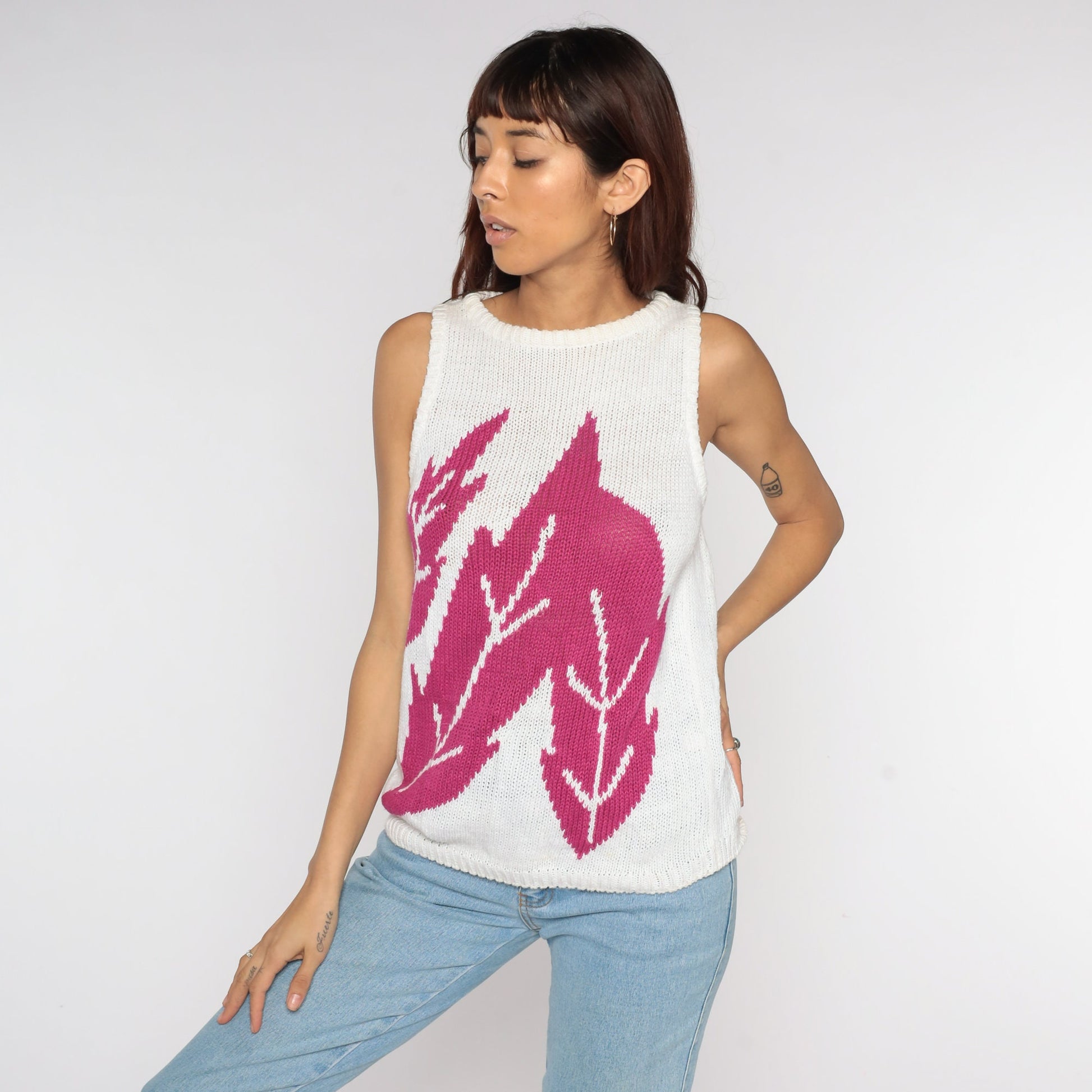 80s Tropical Leaf Knit Tank Top White Ramie Cotton Sleeveless Sweater Medium