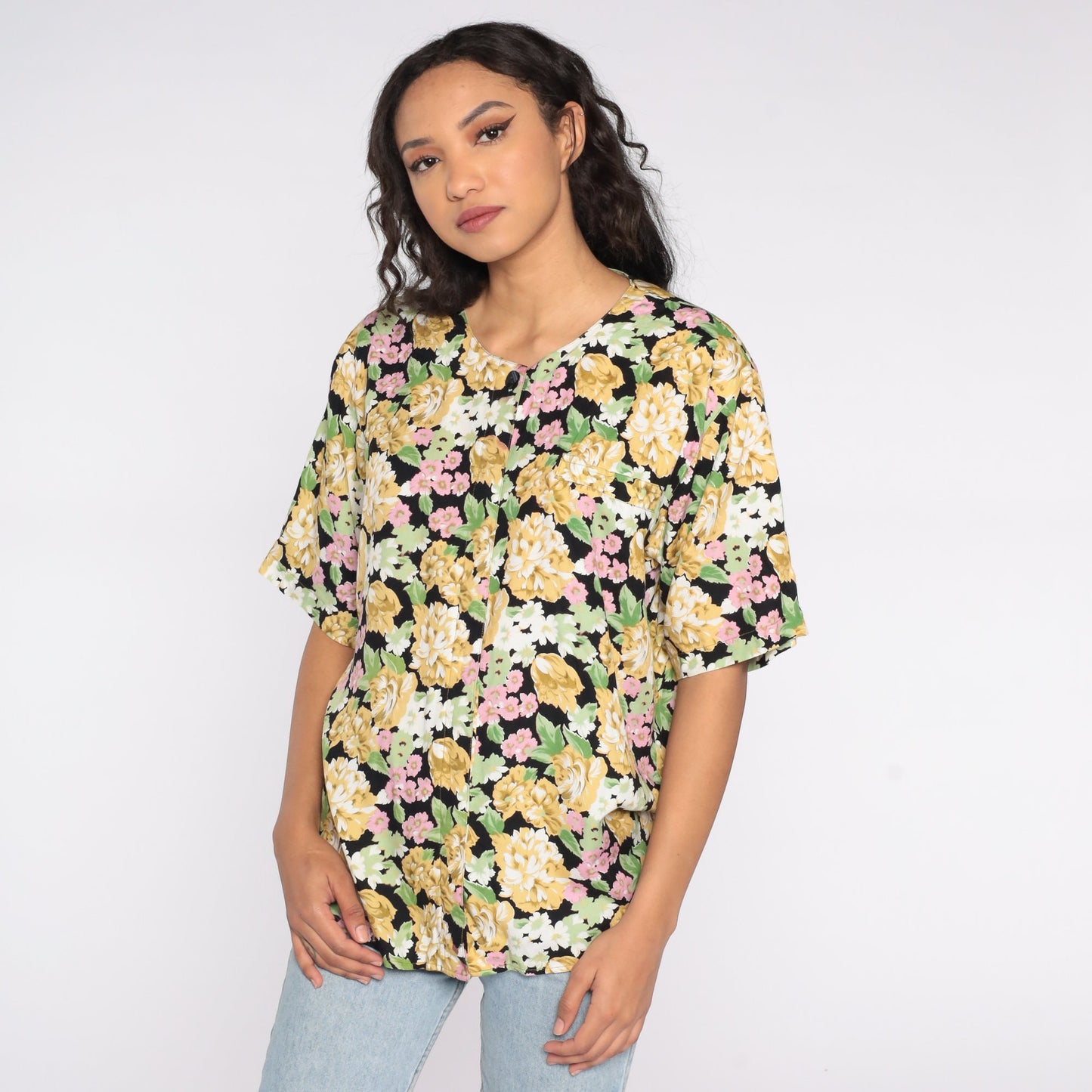 90s Black Floral Button-Up Shirt Short Sleeve Blouse Extra Large XXL
