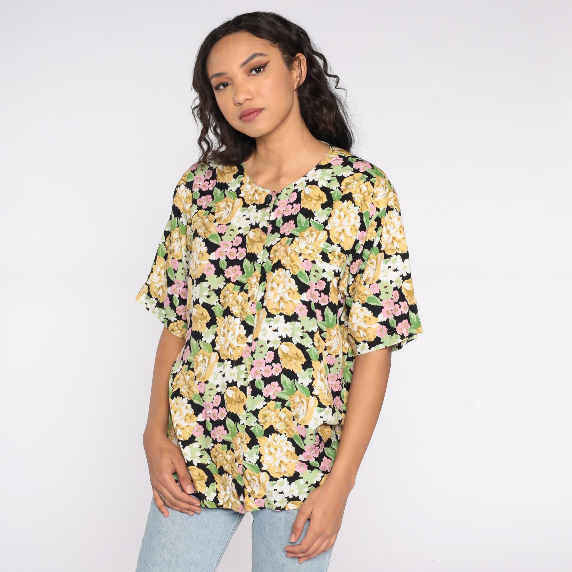 90s Black Floral Button-Up Shirt Short Sleeve Blouse Extra Large XXL