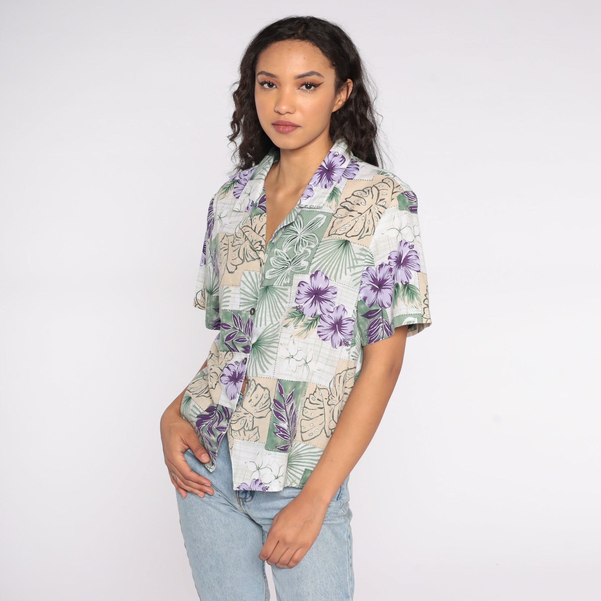 90s Tropical Leaf Print Hawaiian Button-Up Blouse Short Sleeve Extra Large XL