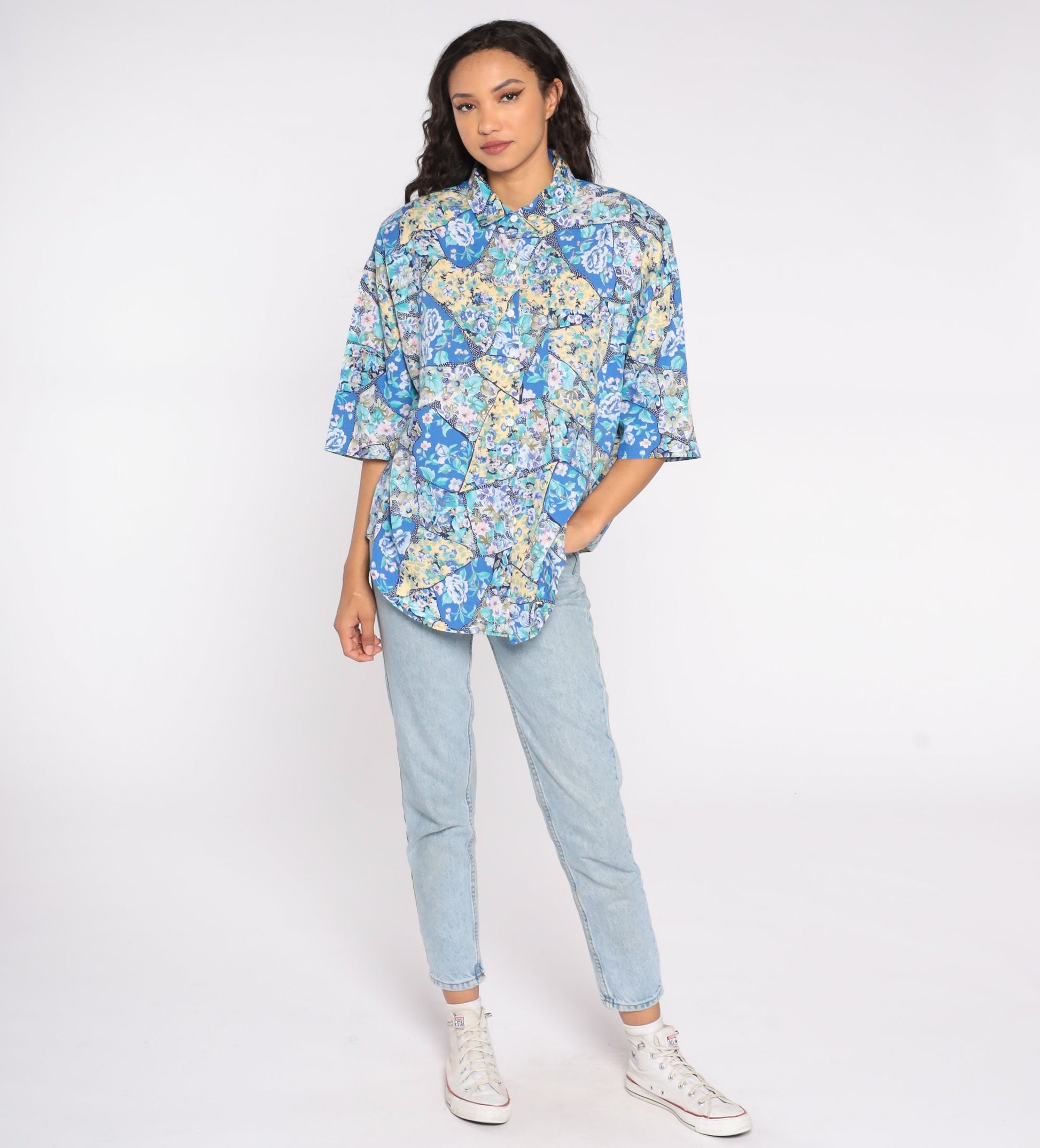80s Floral Button-Up Blouse Blue Yellow Short Sleeve Shoulder Pads Plus Size 18W