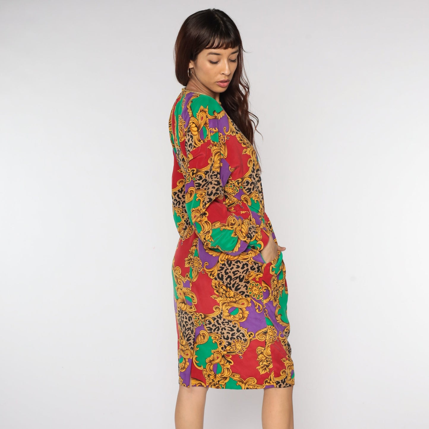80s Silk Baroque Leopard Print Dress Long Sleeve Pleated Midi Red Purple Medium