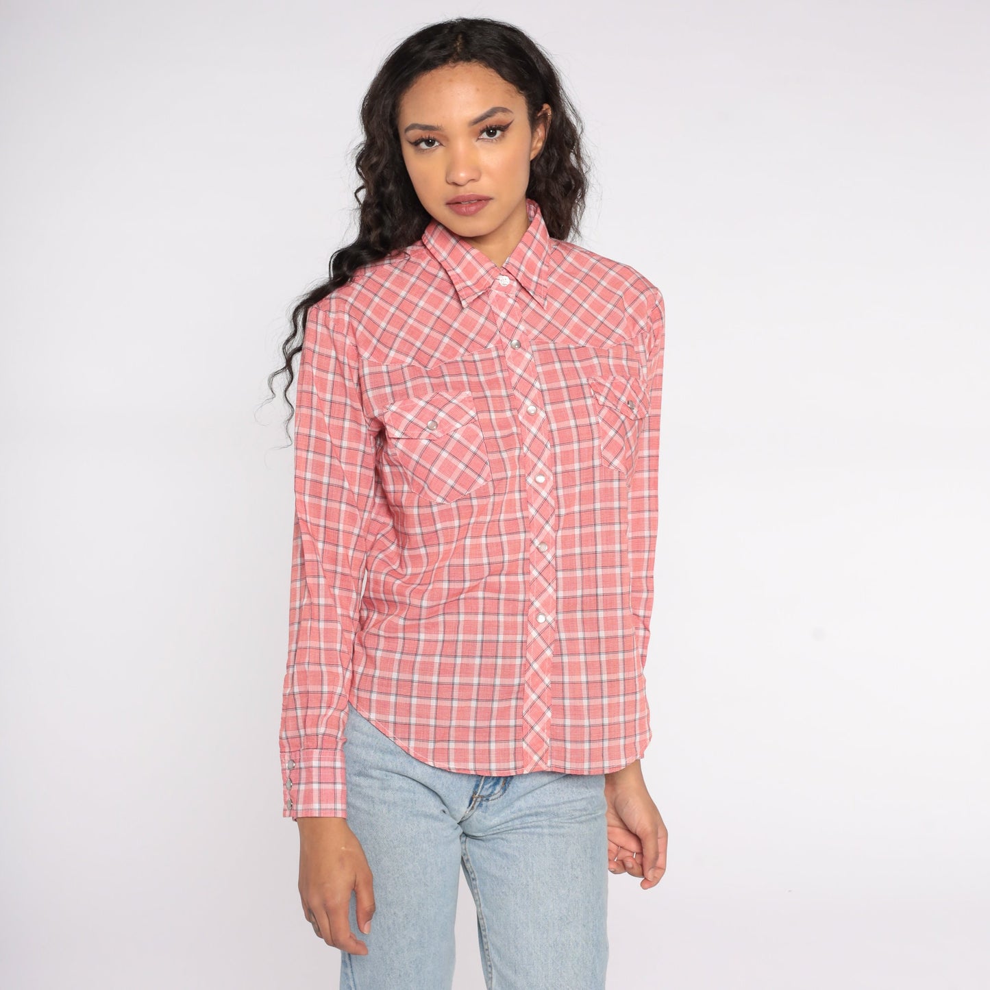 80s Western Shirt Red Plaid Pearl Snap Button Up Medium