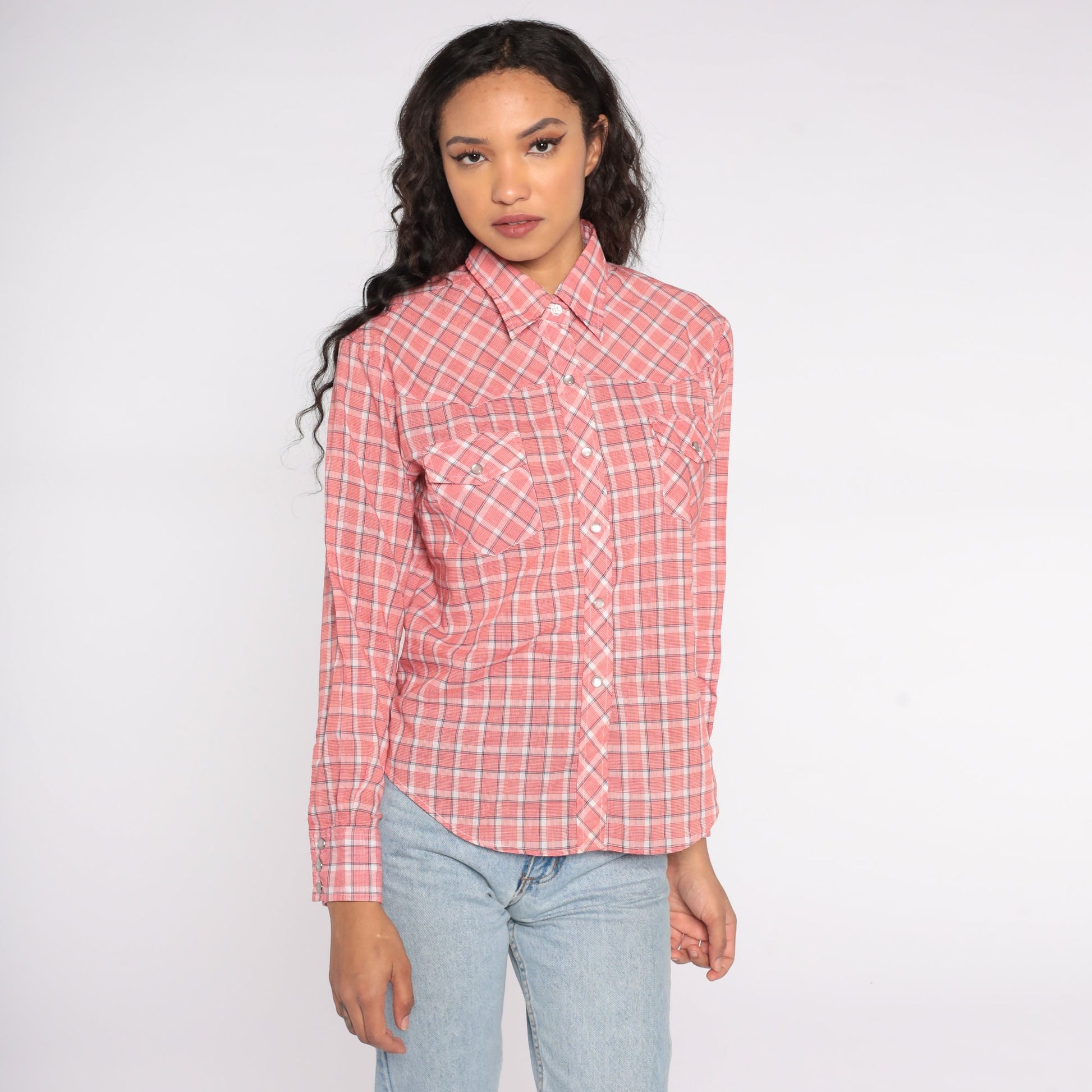 80s Western Shirt Red Plaid Pearl Snap Button Up Medium