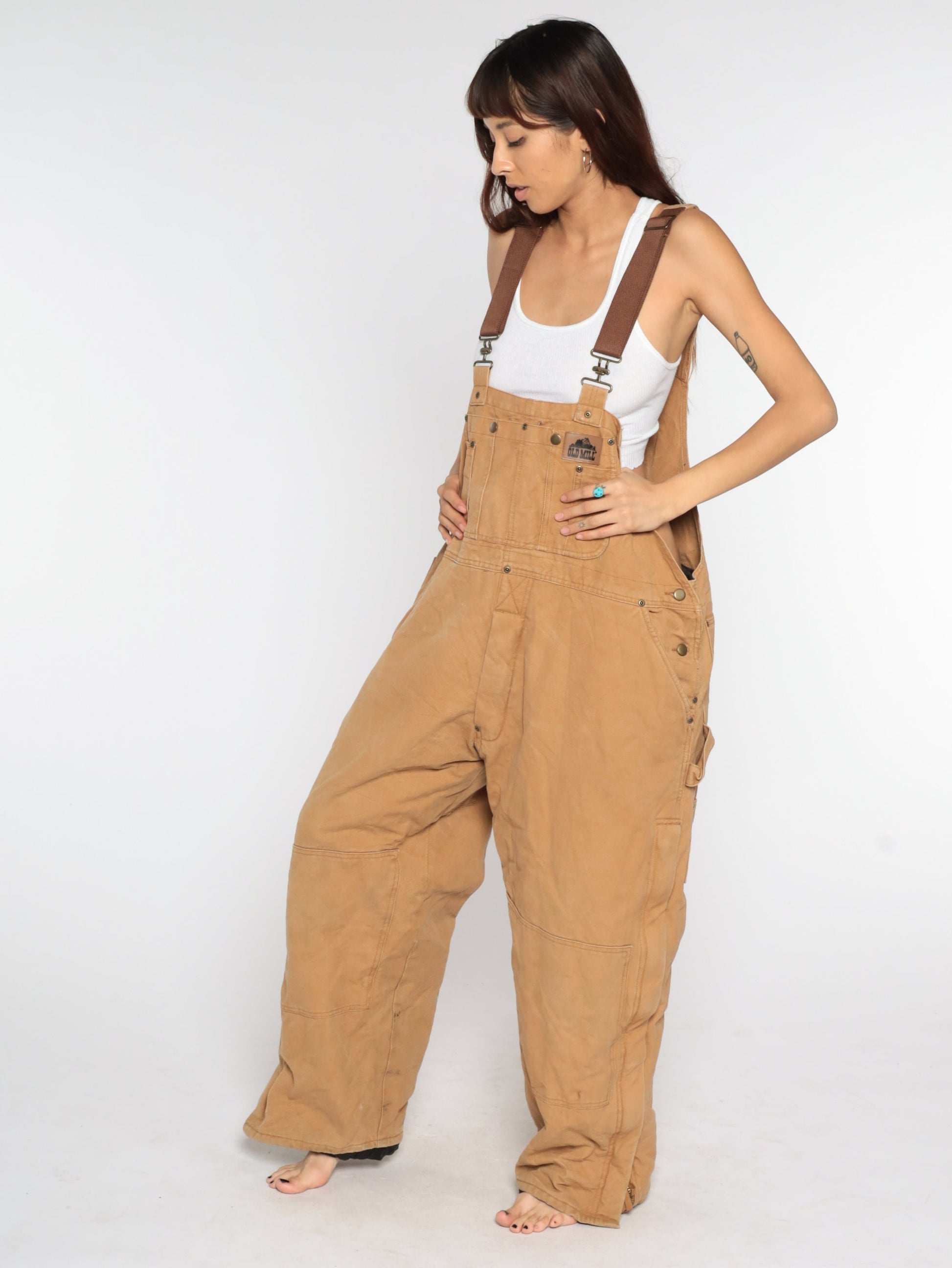 90s Old Mill Quilted Cotton Overalls Brown Workwear Bib Dungarees Large