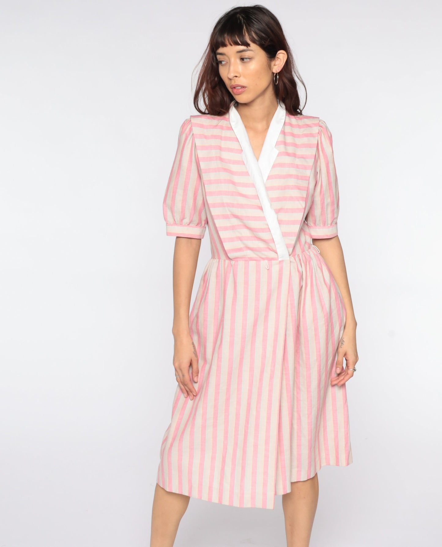 80s Pink Striped Midi Wrap Dress Puff Sleeve V-Neck Medium