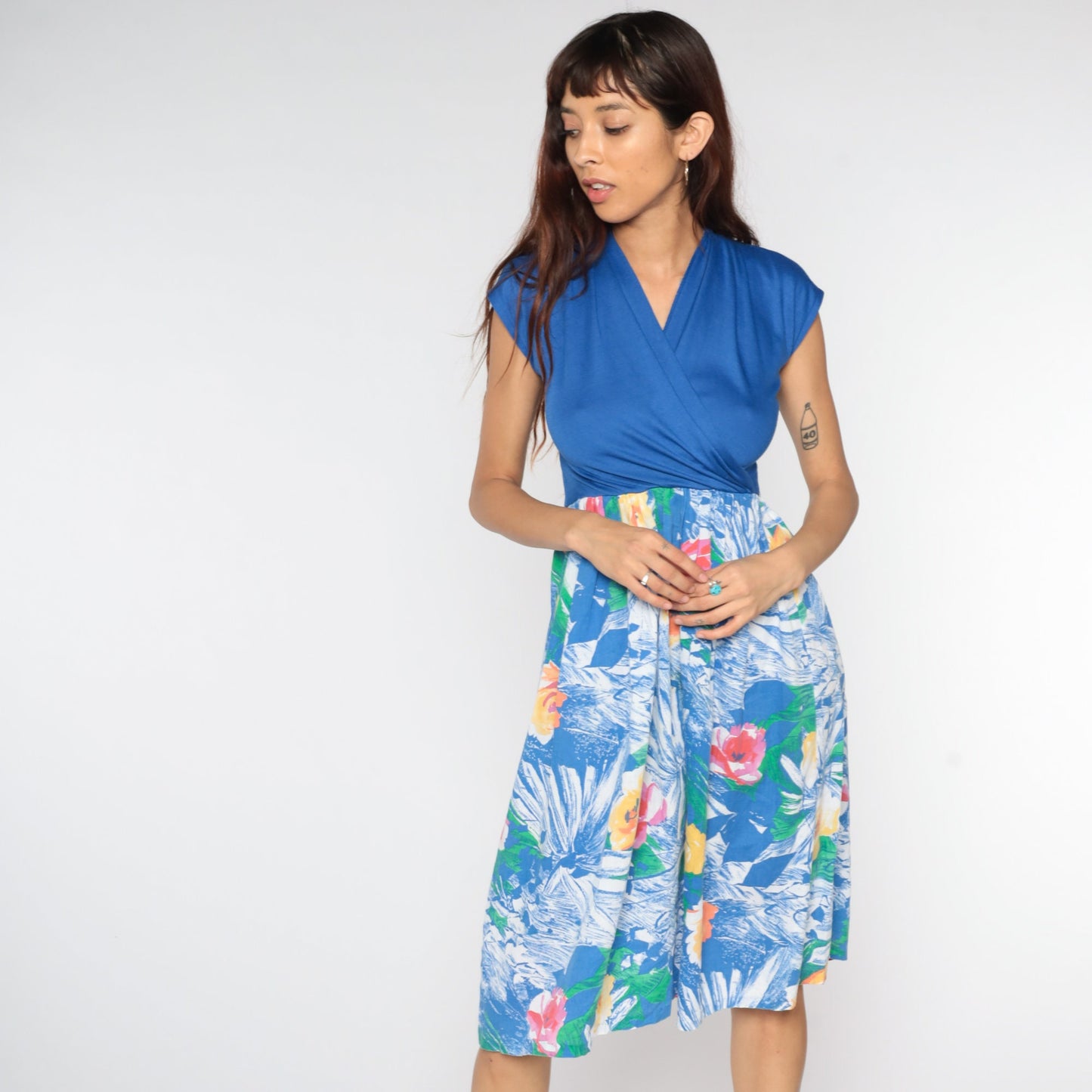 80s Floral Midi Wrap Dress Blue Cap Sleeve High Waist Small