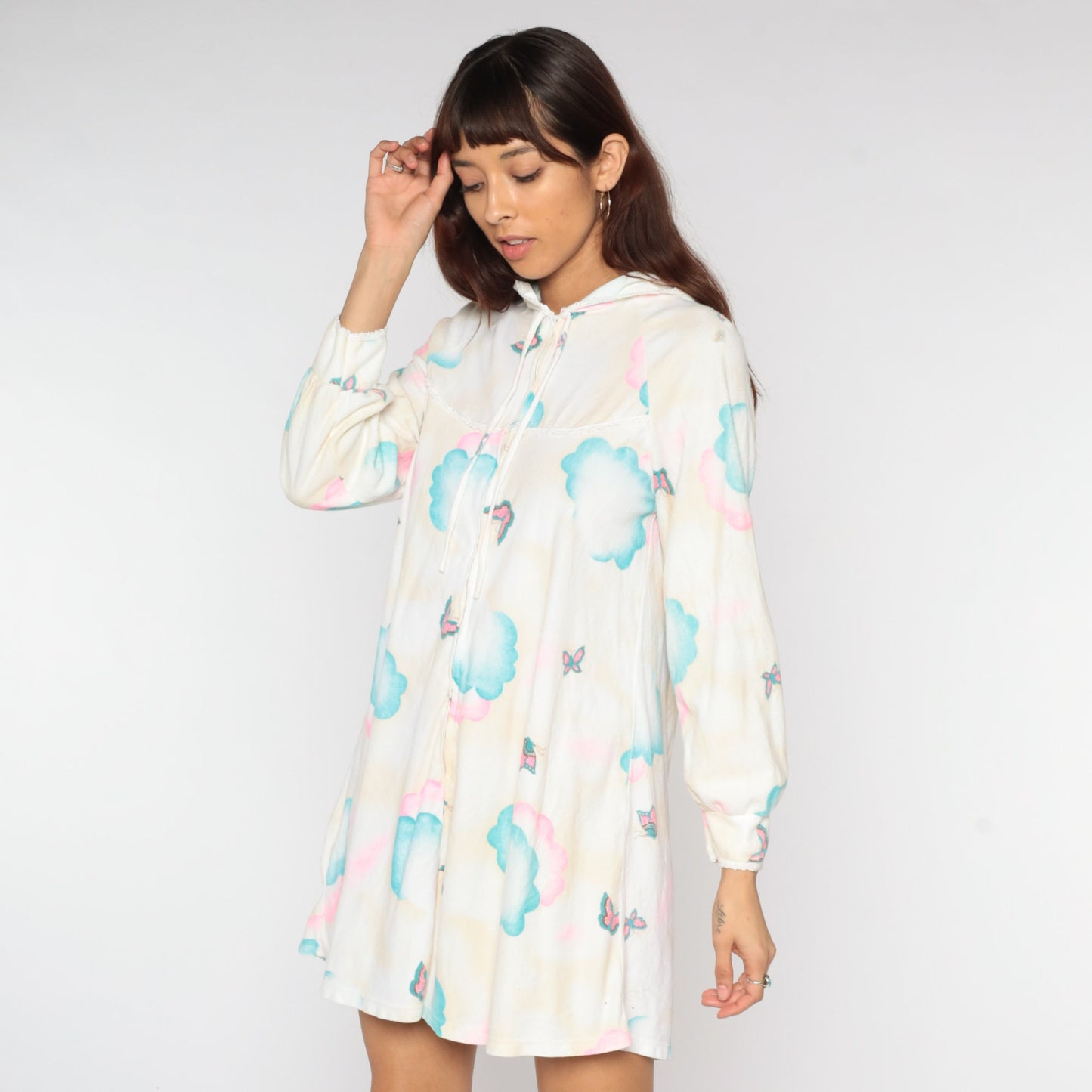 70s Hooded Lounge Dress Mini Butterfly Cloud Print Shift Beige White Small