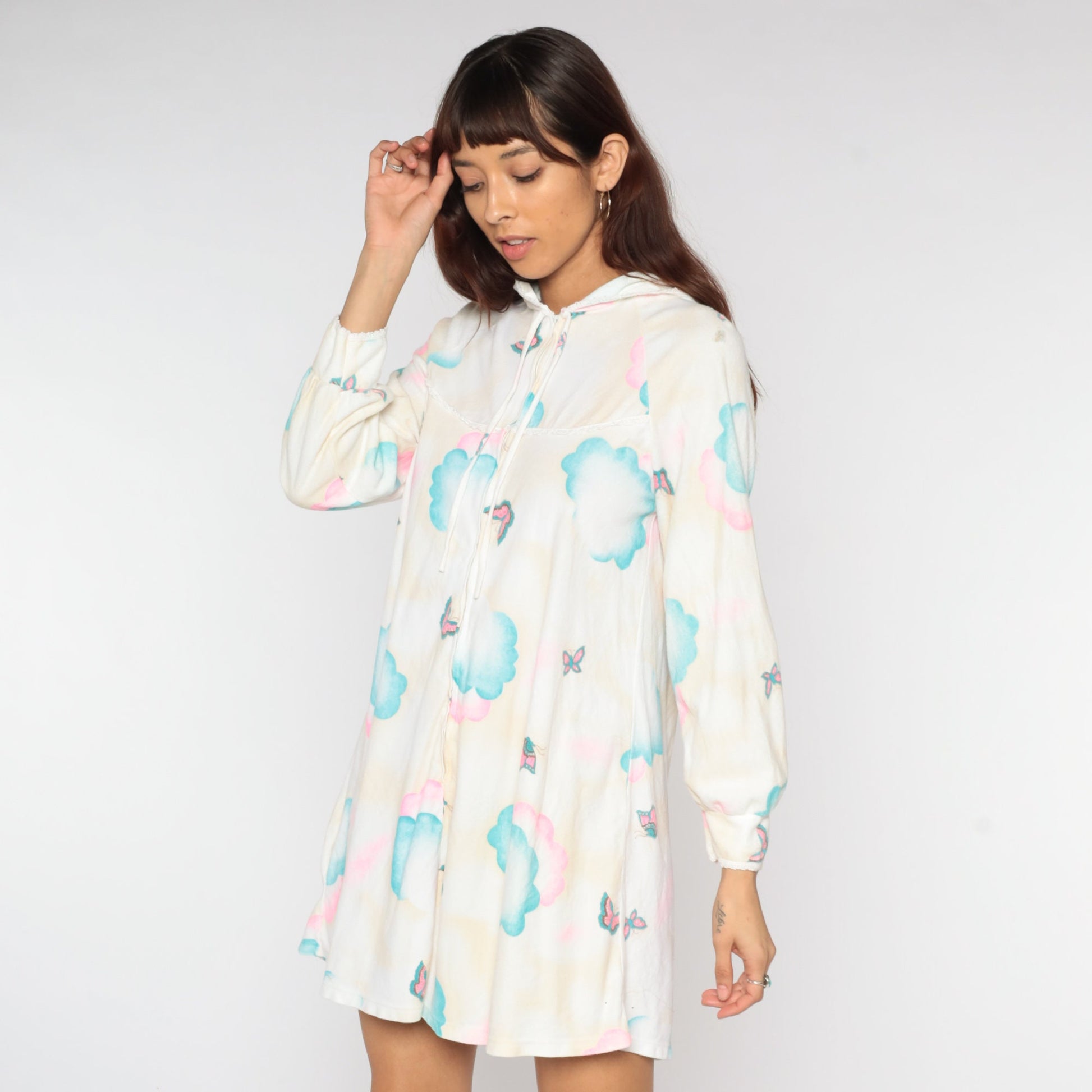 70s Hooded Lounge Dress Mini Butterfly Cloud Print Shift Beige White Small