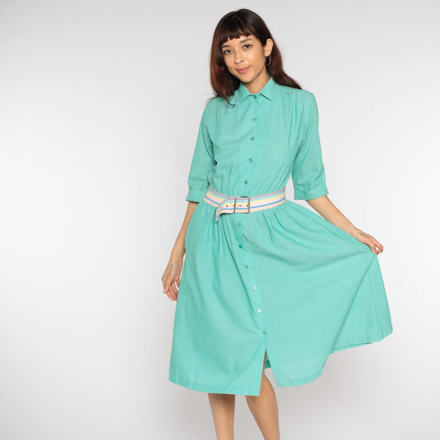 80s Green Shirtwaist Midi Dress High Waist Button Up 3/4 Sleeve Medium Petite